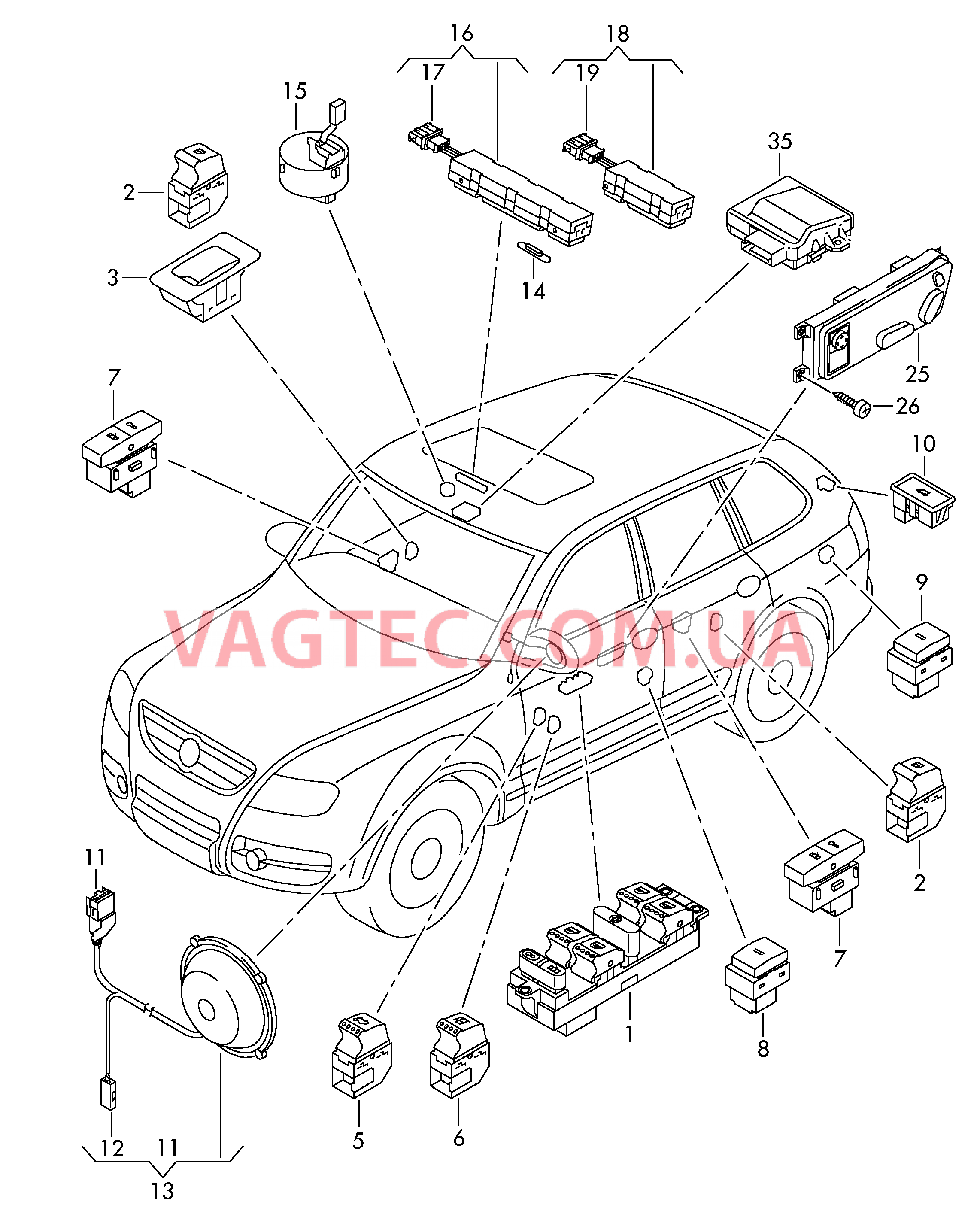 Выключатель в обивке двери для VW TOUAREG  Зеркальный эл-т с приводом. Выключатель на крыше Выкл-тель регулир-ки положения сиденья и спинки, БУ системы открывания ворот гаража для VW TOUAREG   для VOLKSWAGEN Touareg 2003