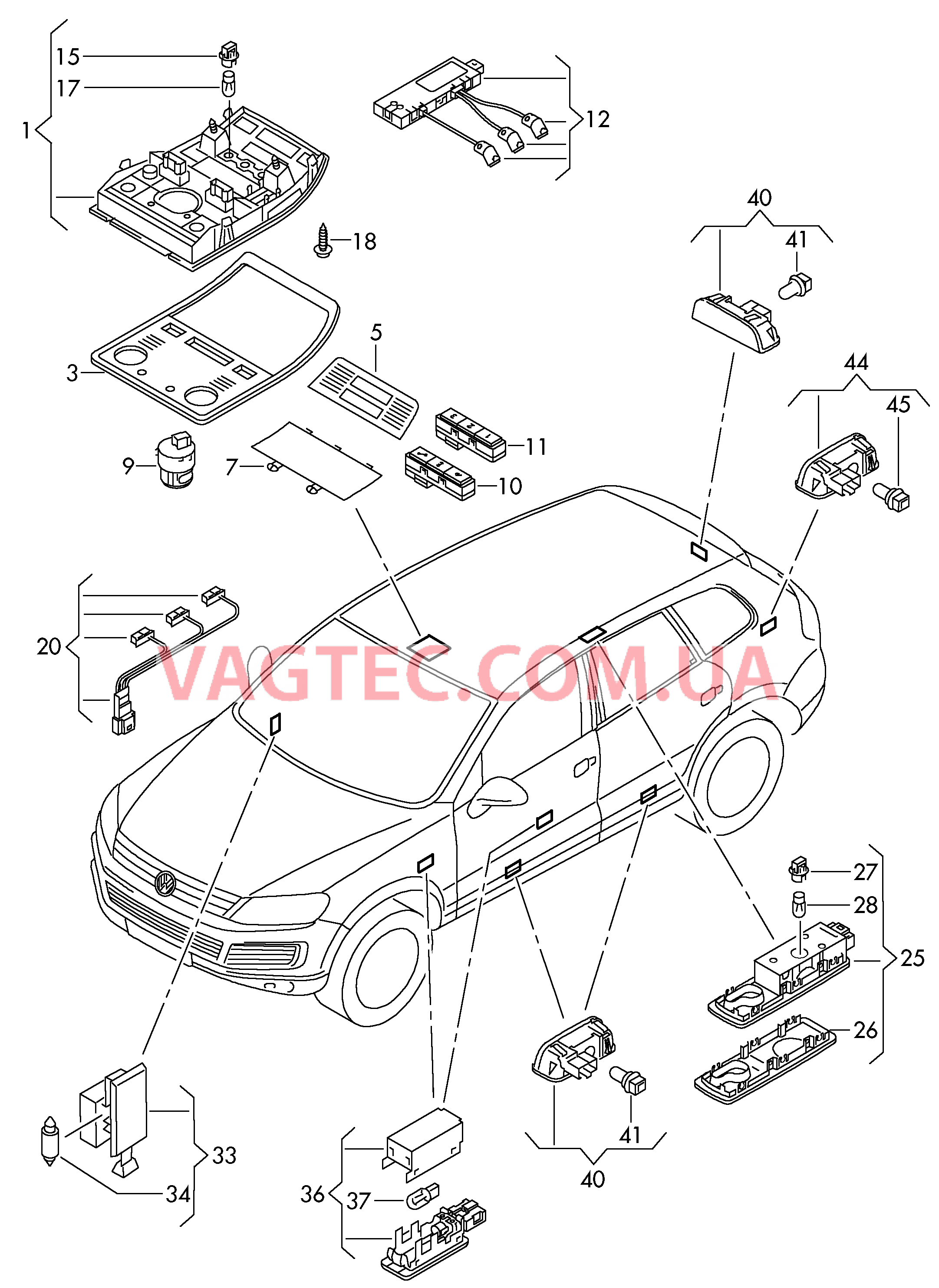 Плафон салона с фонар.д.чтения Плафон осв. в крышке вещ.ящика Плафон подсветки порога Предупрежд. фонарь двери Освещение багажного отделения  для VOLKSWAGEN Touareg 2012