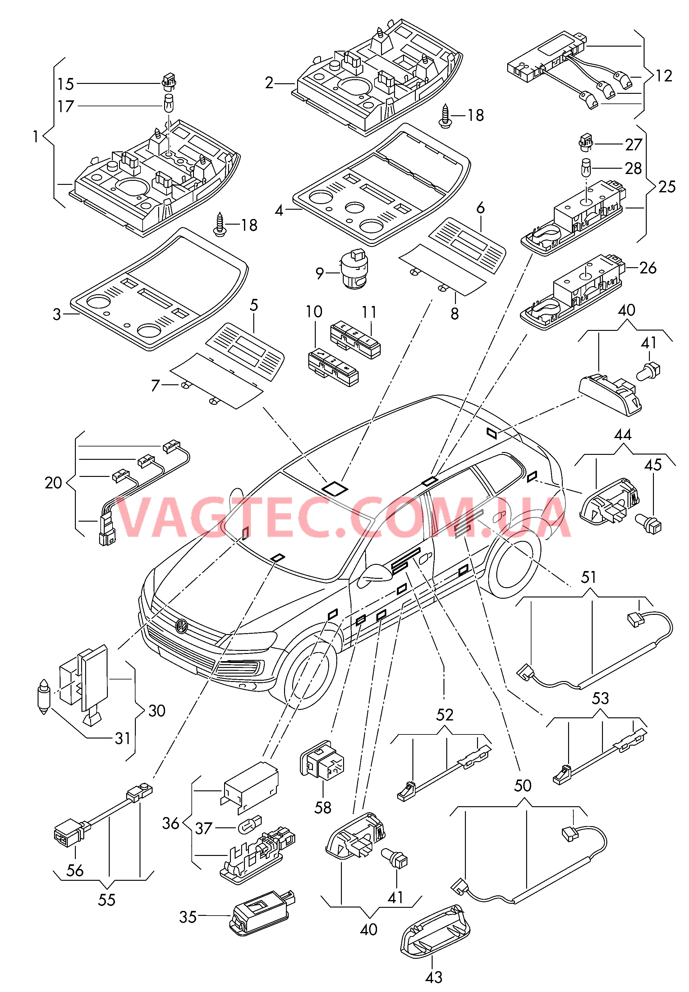 Плафон салона с фонар.д.чтения Плафон осв. в крышке вещ.ящика Плафон подсветки порога Предупрежд. фонарь двери Освещение багажного отделения D - 27.05.2013>> для VOLKSWAGEN Touareg 2014