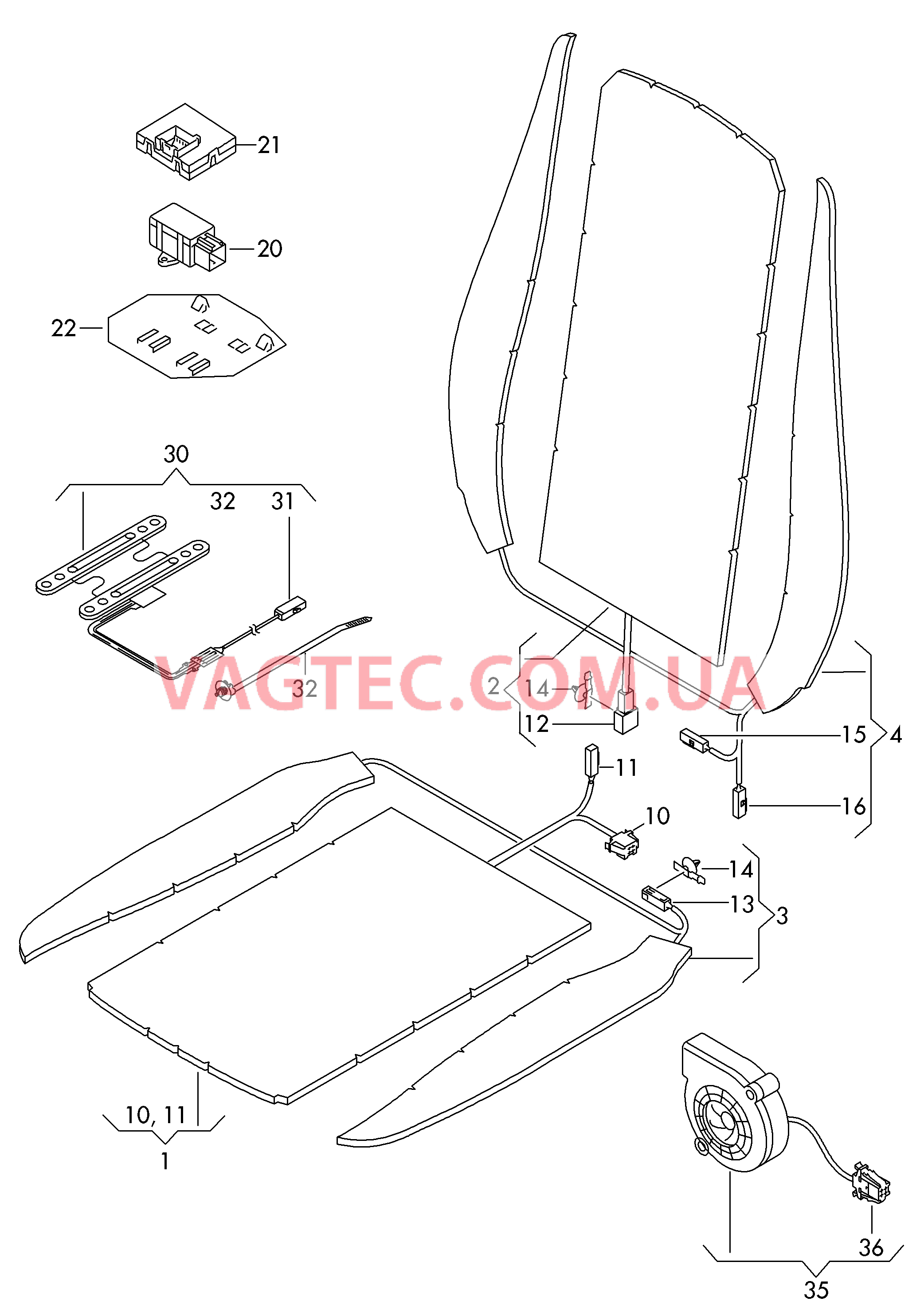 Электродетали для обогрева подушки и спинки сиденья  Cист. распозн. занят. сиденья Вентилятор для сиденья  для VOLKSWAGEN Touareg 2011