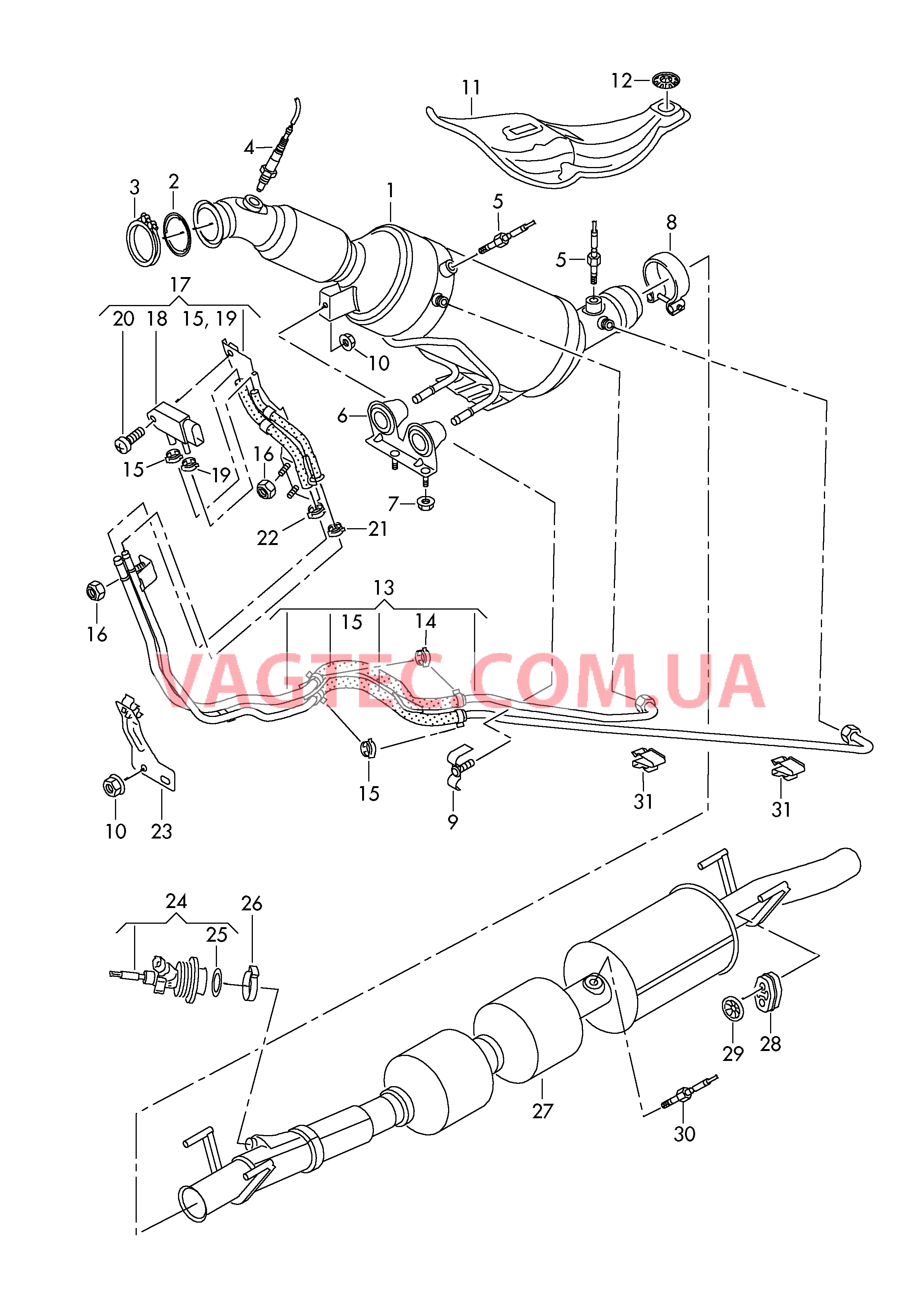 Труба выпуска ОГ с сажевым фильтром и нейтрализатором  KAтализатор с глушителем Провод управления датчика разности давлений  для а/м с системой SCR .  Cмотри руководство по ремонту  для VOLKSWAGEN Crafter 2015