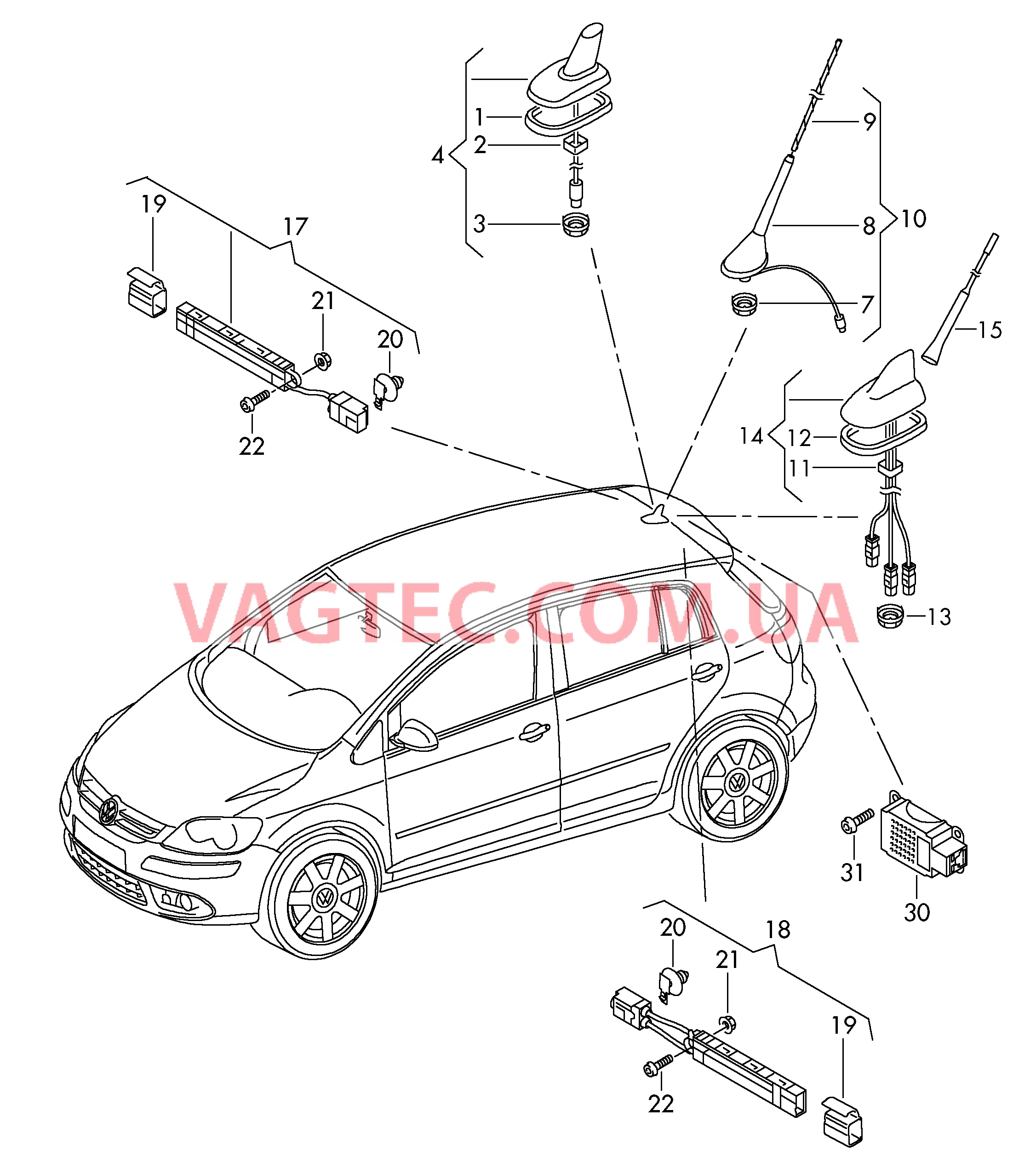 Антенна для крыши Усилитель антенны Помехоподавляющий фильтр  для VOLKSWAGEN Golf.Plus 2010