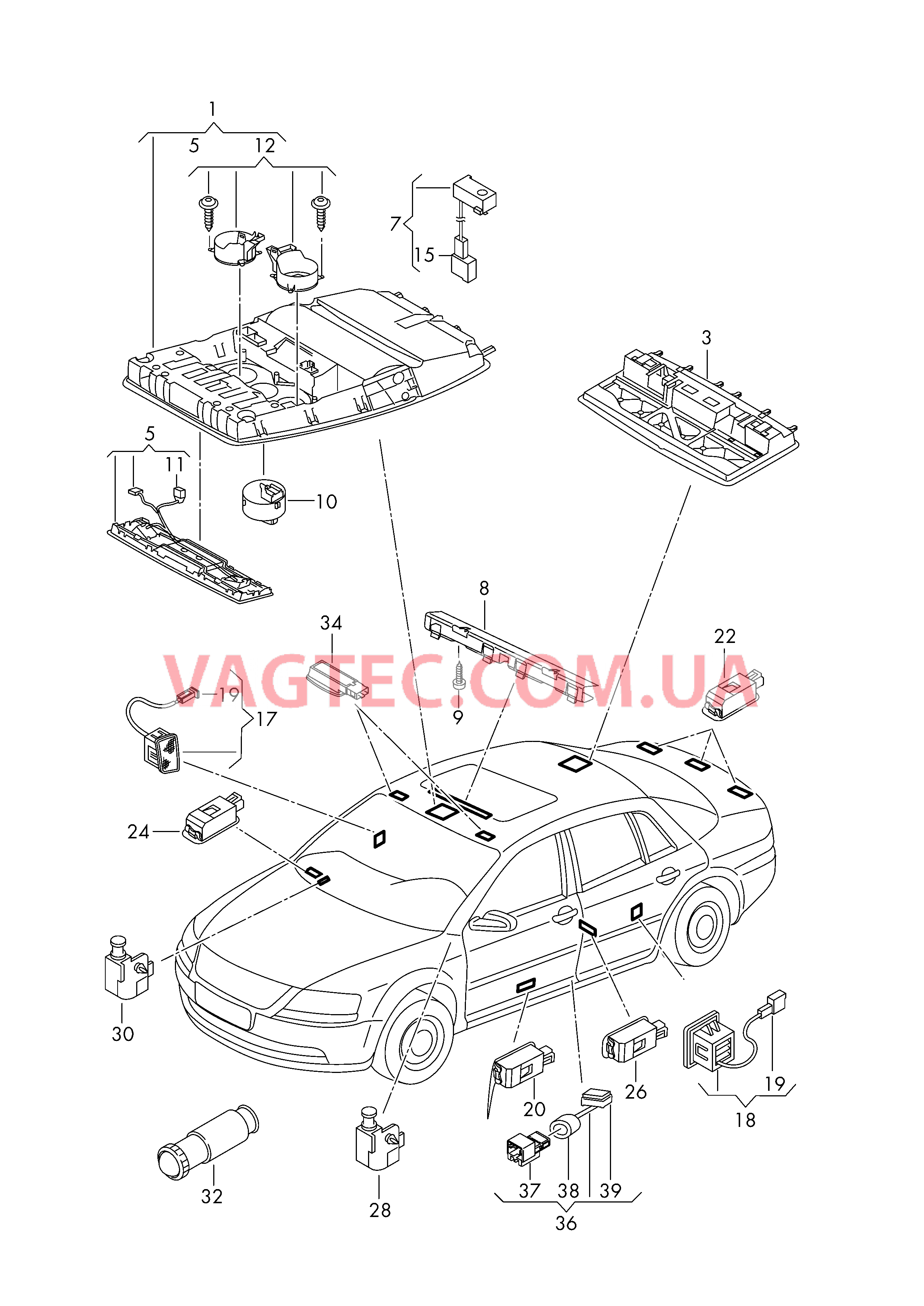 LED-плаф.салона и фонарь д.чт. Предупрежд. фонарь двери Подсветка порогов Освещение багажника Освещение пространства для ног Плафон осв. в крышке вещ.ящика Выключатель контроля положения ручного тормоза  Выключатель подсветки вещевого ящика D - 04.11.2013>> для VOLKSWAGEN Phaeton 2014