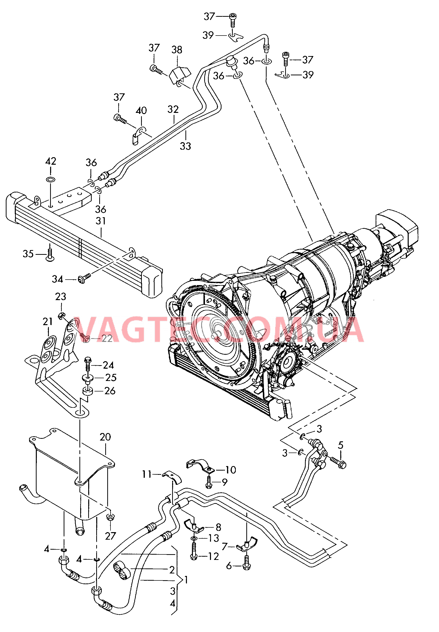 Напорный маслопровод для охлаждения масла коробки передач  Радиатор, масляный 6-ступ. АКП с межосевым дифференциалом  для VOLKSWAGEN Phaeton 2005