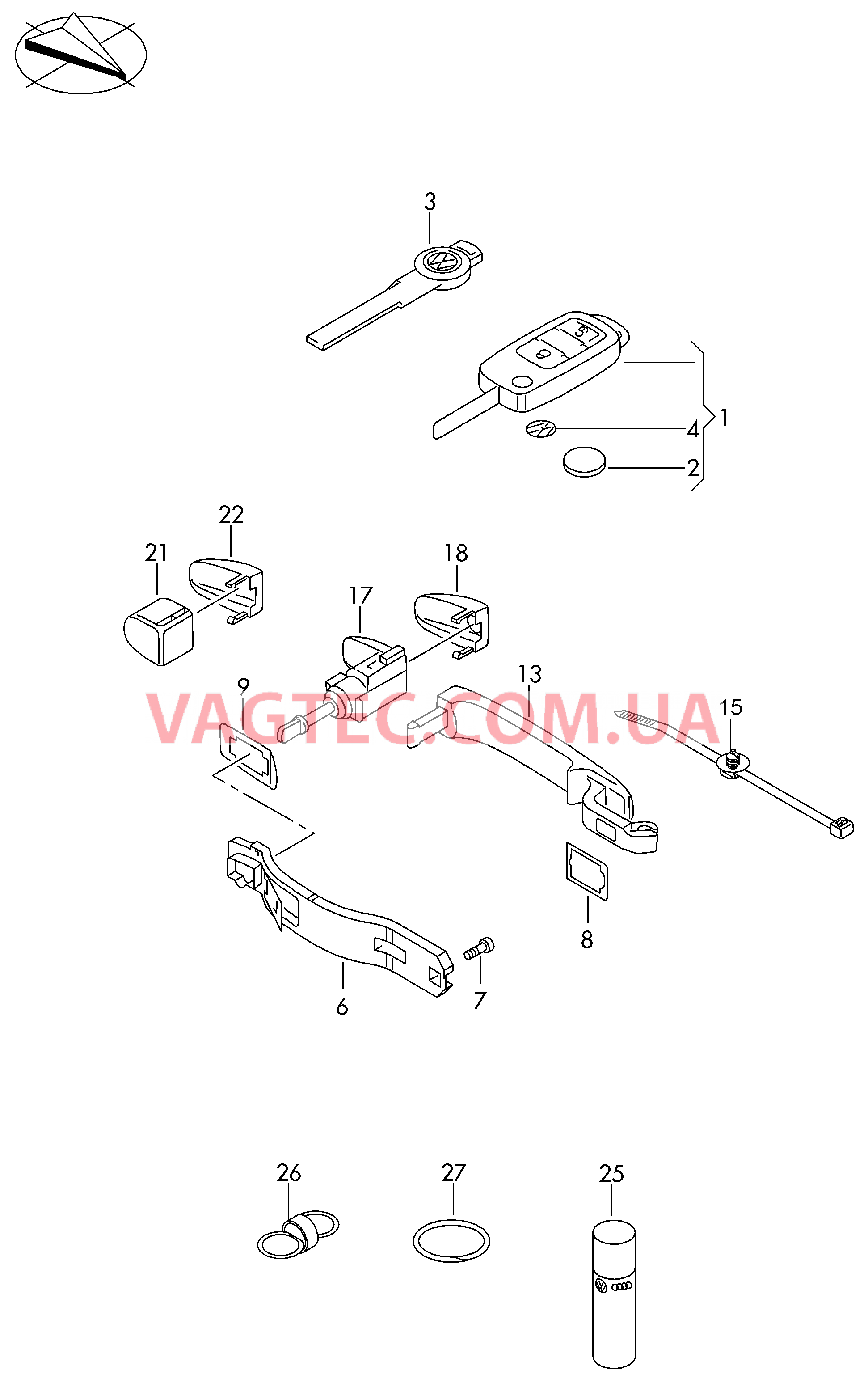 Ключ Ручка двери снаружи К-т личинок замков  для VOLKSWAGEN Phaeton 2004