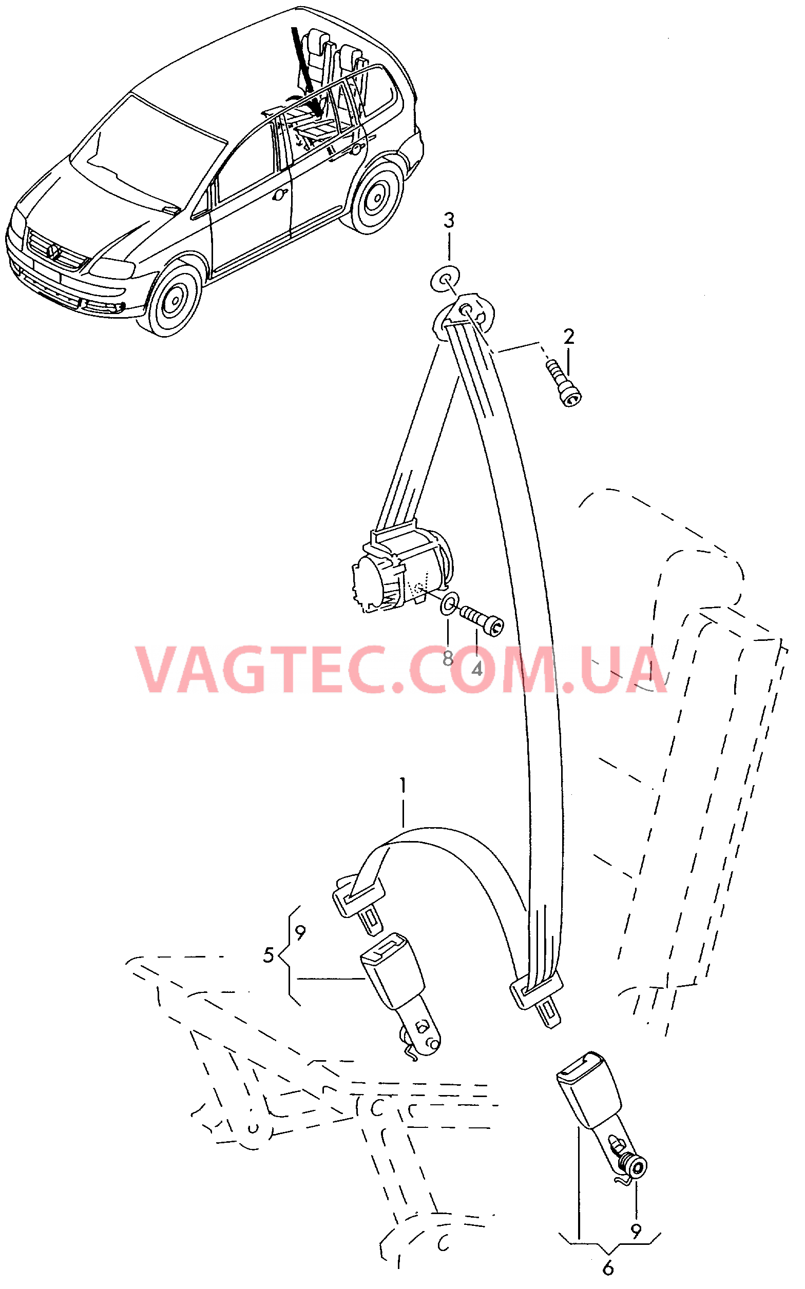 3-точечный ремень безопасности в пассажирском салоне  для VOLKSWAGEN Touran 2006