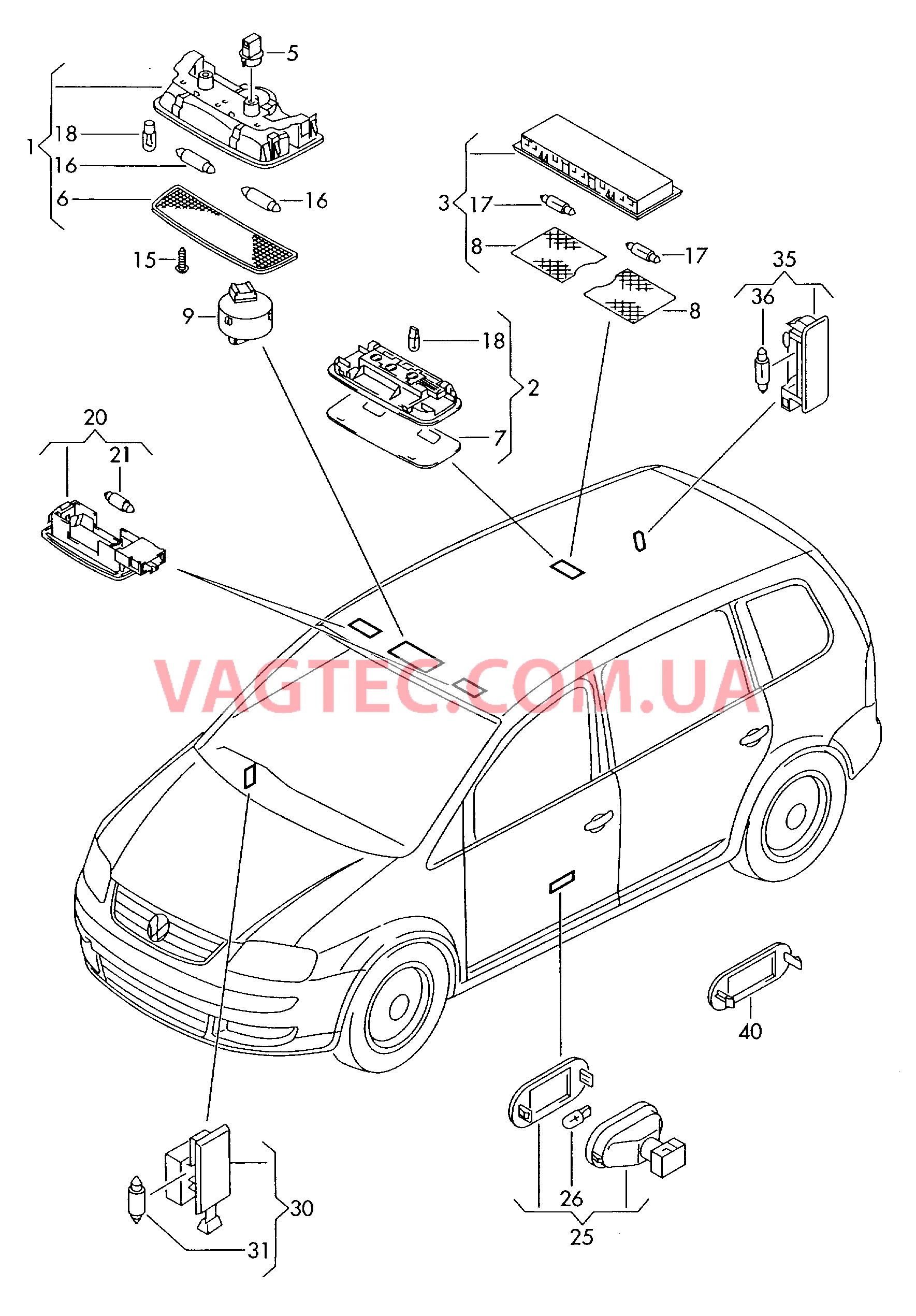 Плафон салона с фонар.д.чтения Предупрежд. фонарь двери Подсветка порогов Плафон осв. в крышке вещ.ящика Освещение багажного отделения Cветовозвращатель  для VOLKSWAGEN Touran 2003
