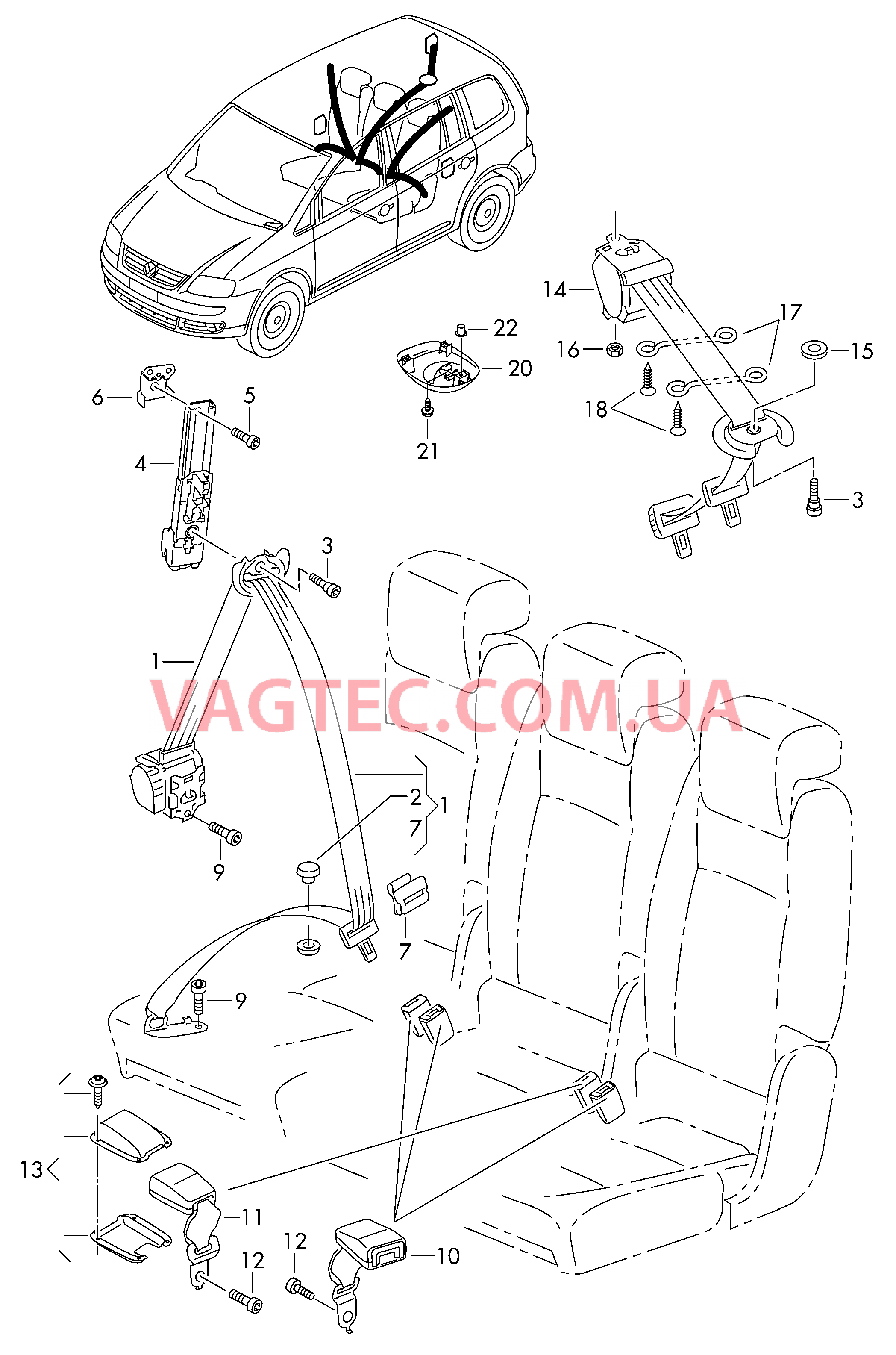 3-точечный ремень безопасности в пассажирском салоне  для VOLKSWAGEN Touran 2013