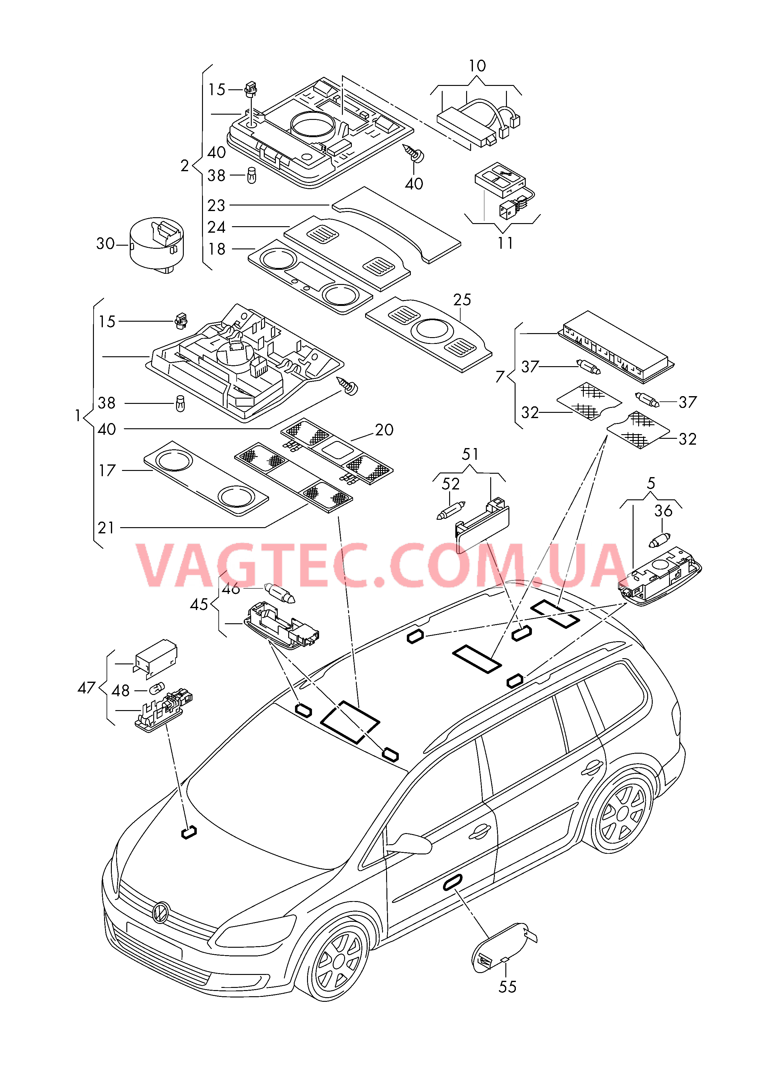 Плафон салона с фонар.д.чтения Предупрежд. фонарь двери Подсветка порогов Плафон осв. в крышке вещ.ящика Освещение багажного отделения Cветовозвращатель  для VOLKSWAGEN Touran 2015