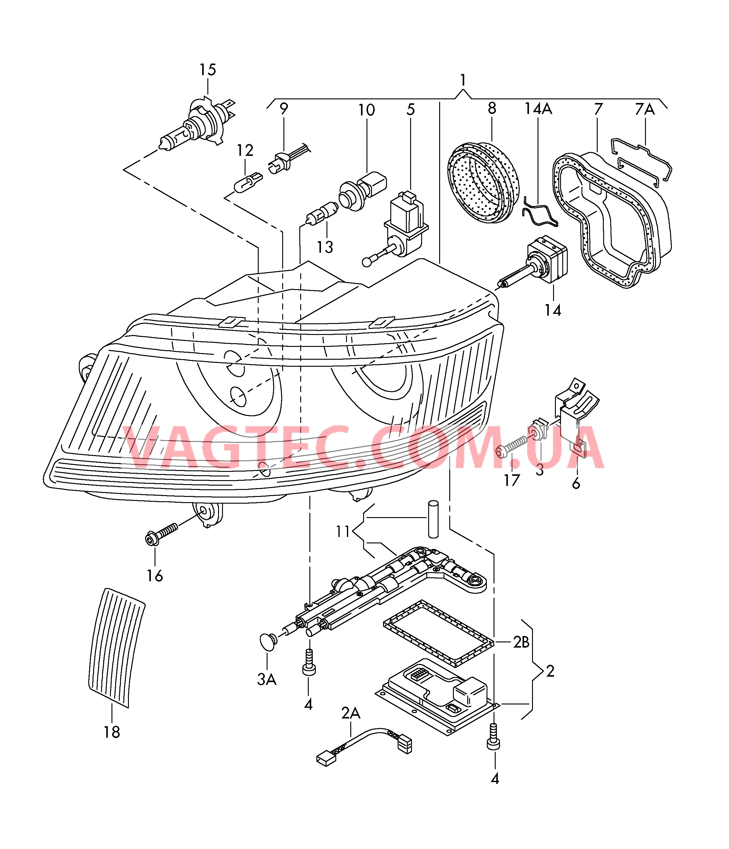 Фара для газоразрядной лампы .   ------------------------------   см. панель иллюстраций:   F             >> 3D-6-005 500*  F 3D-6-005 501>>* для VOLKSWAGEN Phaeton 2006