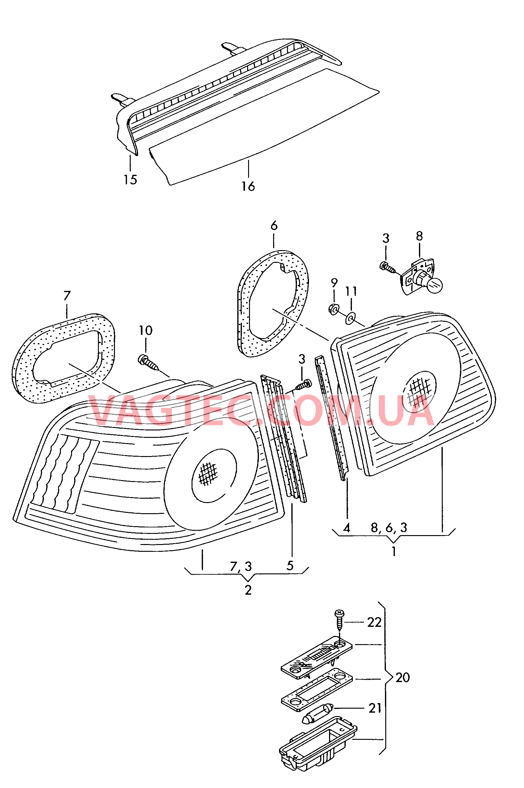Задний фонарь Верхний стоп-сигнал Плафон освещ. номерного знака  для VOLKSWAGEN Phaeton 2002