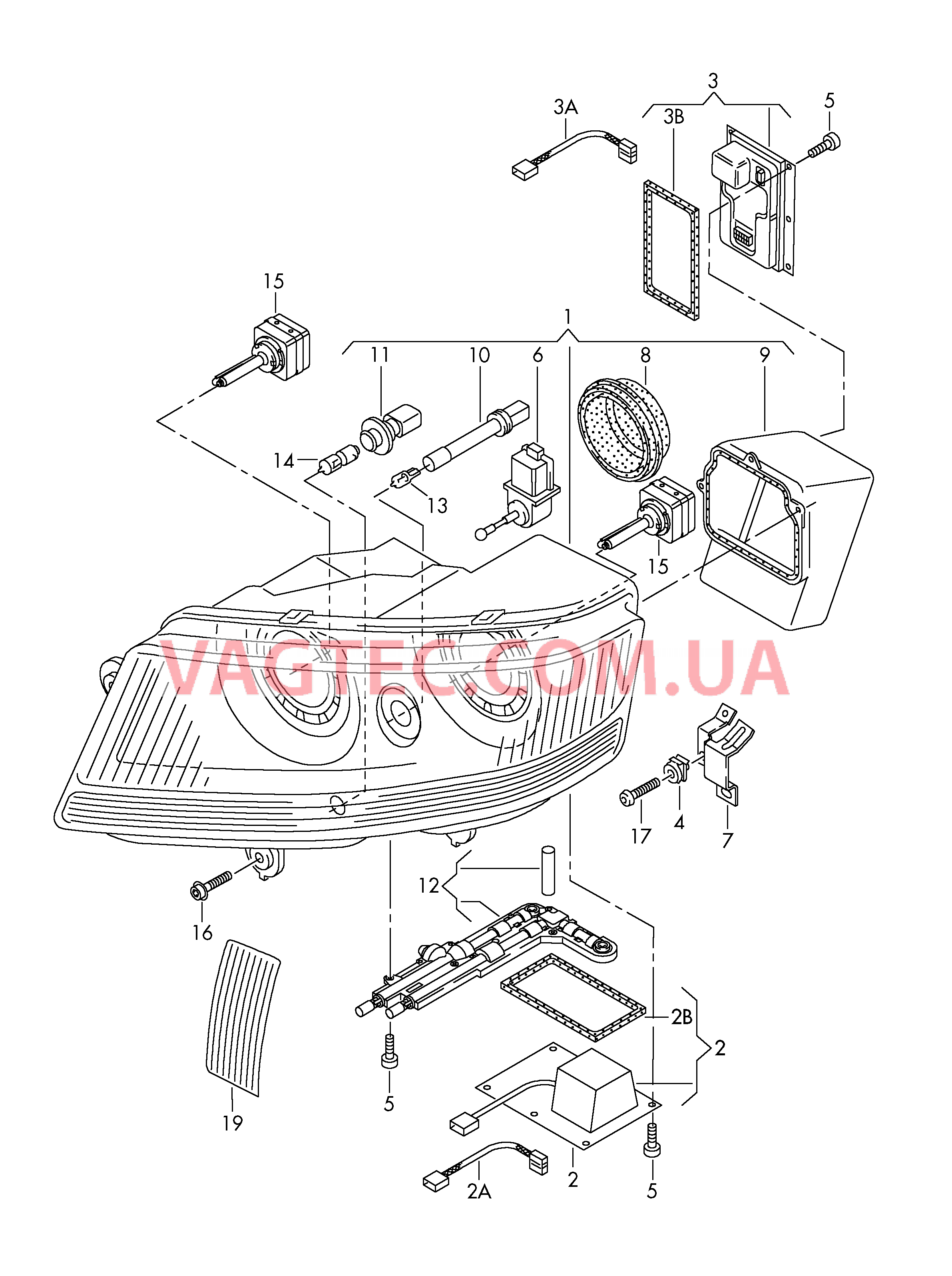 Сдвоенные фары для 2 ксеноновых ламп   ------------------------------   см. панель иллюстраций:   F             >> 3D-6-005 500*  F 3D-6-005 501>>* для VOLKSWAGEN Phaeton 2006