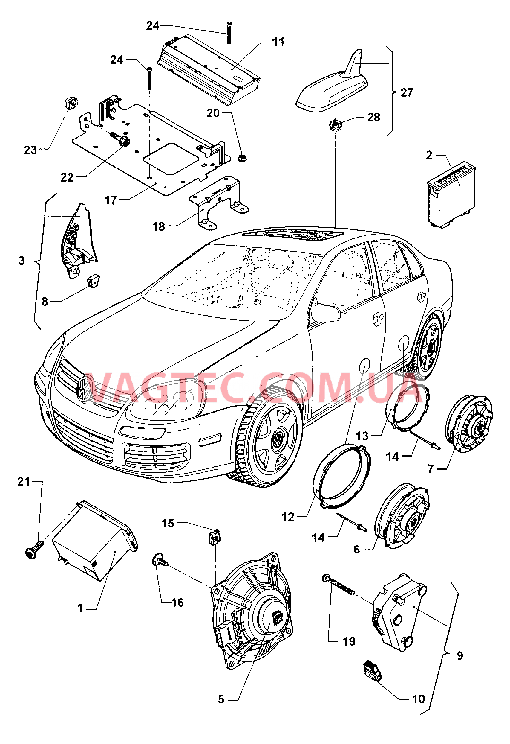 Магнитола VW JETTA  CD-чейнджер Громкоговоритель VW JETTA  частотный разделительн. фильтр для а/м с 10-ю динамиками  Усилитель Крепёж для динамика  Детали крепл. звукоусилителя, автомагнитолы, CD-проигр-ля и частотного разделит. фильтра  для VOLKSWAGEN Jetta 2006