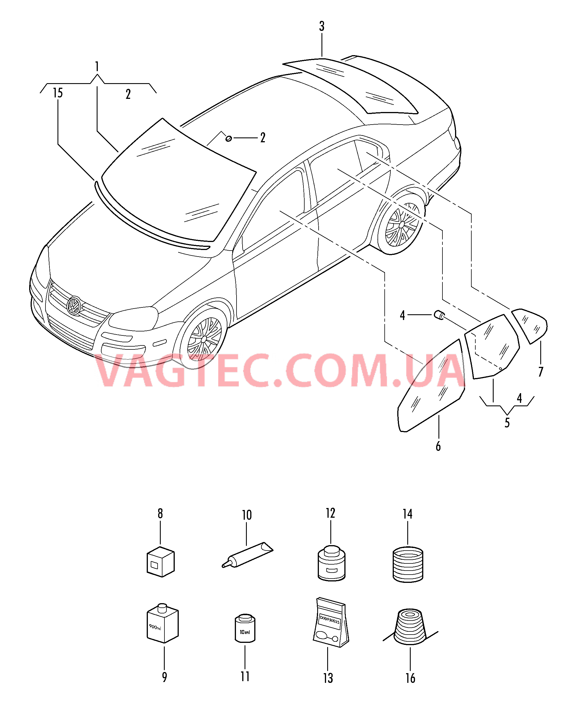 Ветровое (лобовое) стекло VW JETTA  Заднее стекло VW JETTA  Стекло двери VW JETTA  Клеящий и уплотняющий материал VW JETTA   для VOLKSWAGEN Jetta 2006