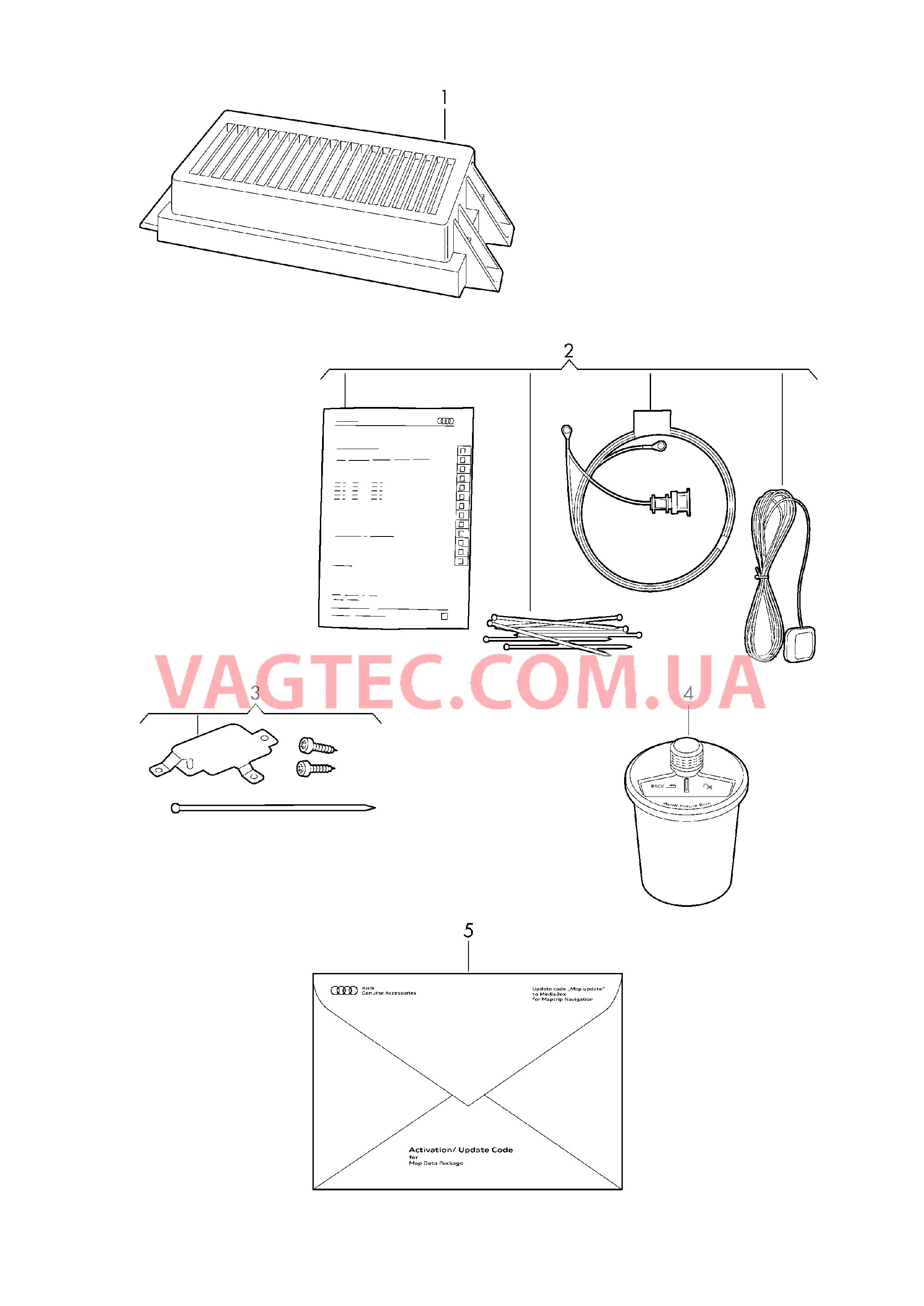 Оригинальные аксессуары MEDIA BOX Комплект для монтажа MEDIA BOX  Крепёжный уголок для MEDIA BOX Панель управления MEDIA BOX Активация/обновление д. навиг. MAPTRIP оффлайн  для AUDI A4Q 2019