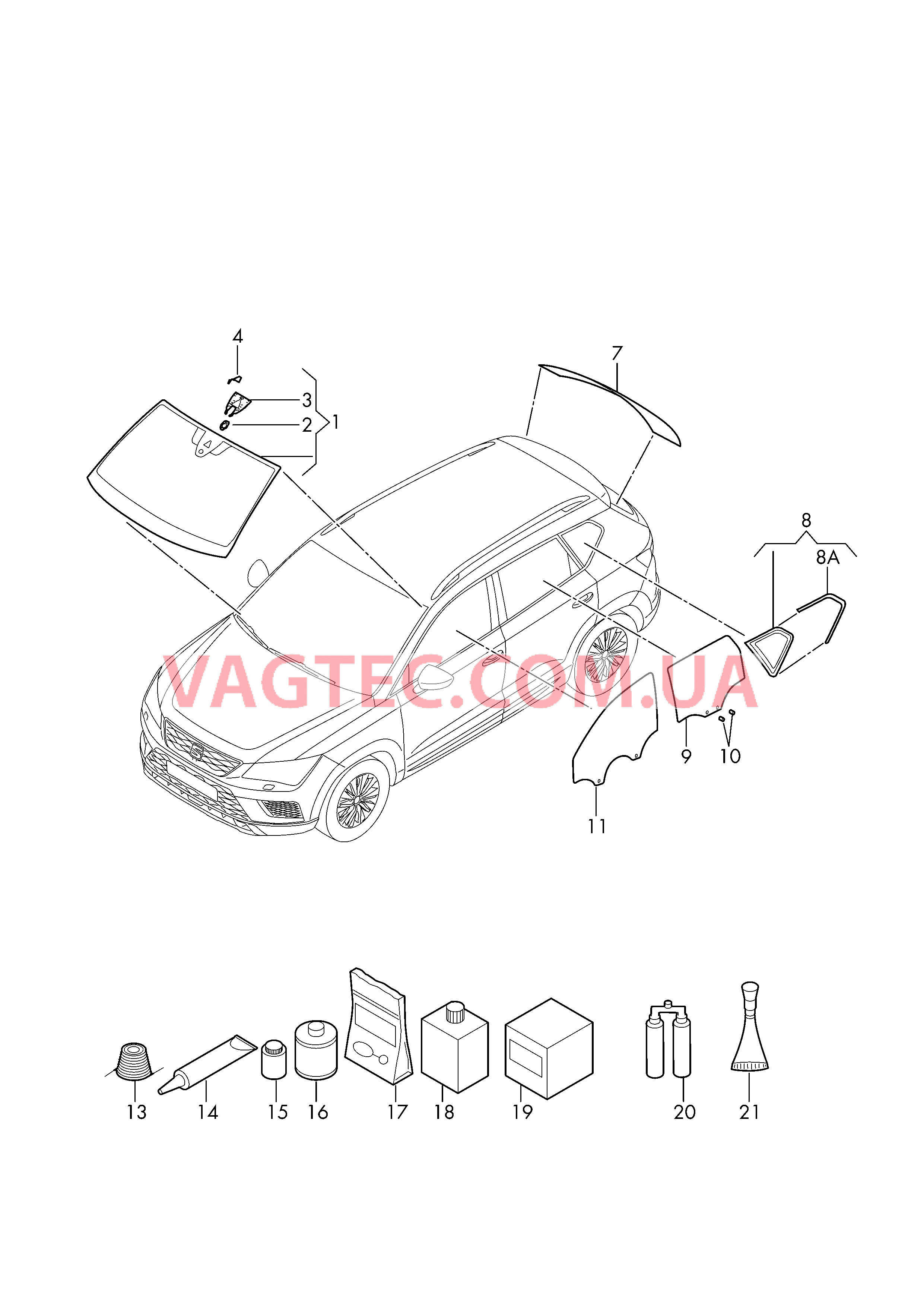 Ветровое стекло Заднее стекло Cтекло боковое (неподвижное) Стекло двери Клеящий и уплотняющий материал  для SEAT Ateca 2018