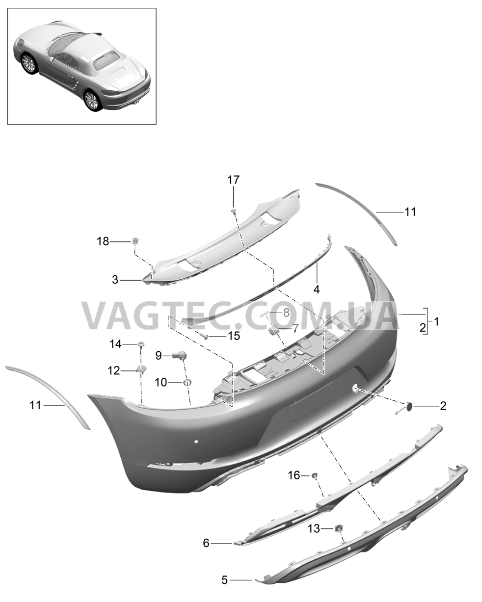 802-020 Бампер, задний для PORSCHE Boxster 2017