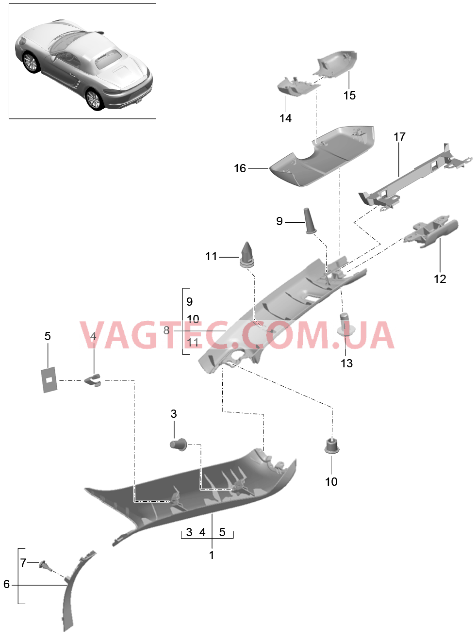 807-055 Стойка А, Рама ветрового стекла для PORSCHE Boxster 2017USA