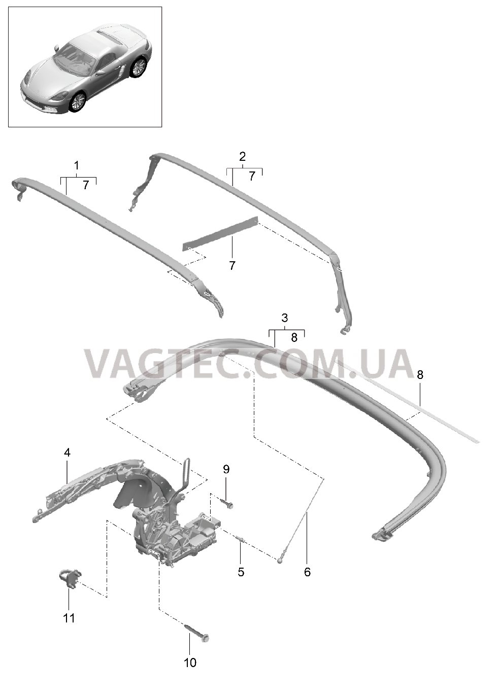 811-010 Каркас складного верха, Отдельные детали для PORSCHE Boxster 2017USA