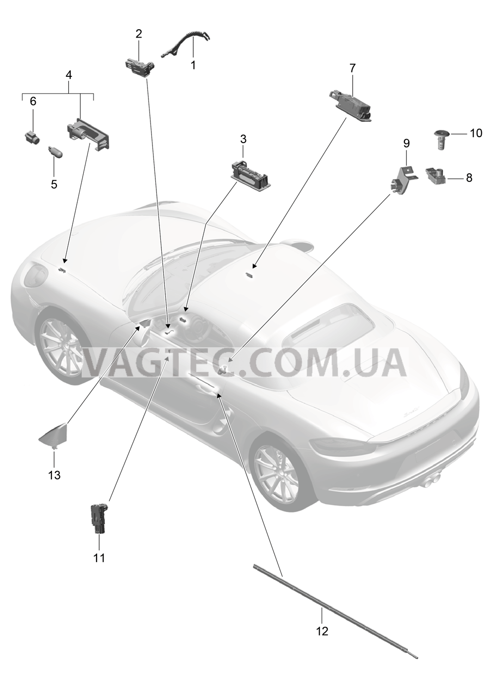 903-004 Освещение салона, Сигнальная лампа двери, Подсветка простр.для ног, Плафон освещения багажного отделения, Подсветка перчат.ящика, Лампа, Наружн.зеркало задн.вида для PORSCHE Boxster 2017