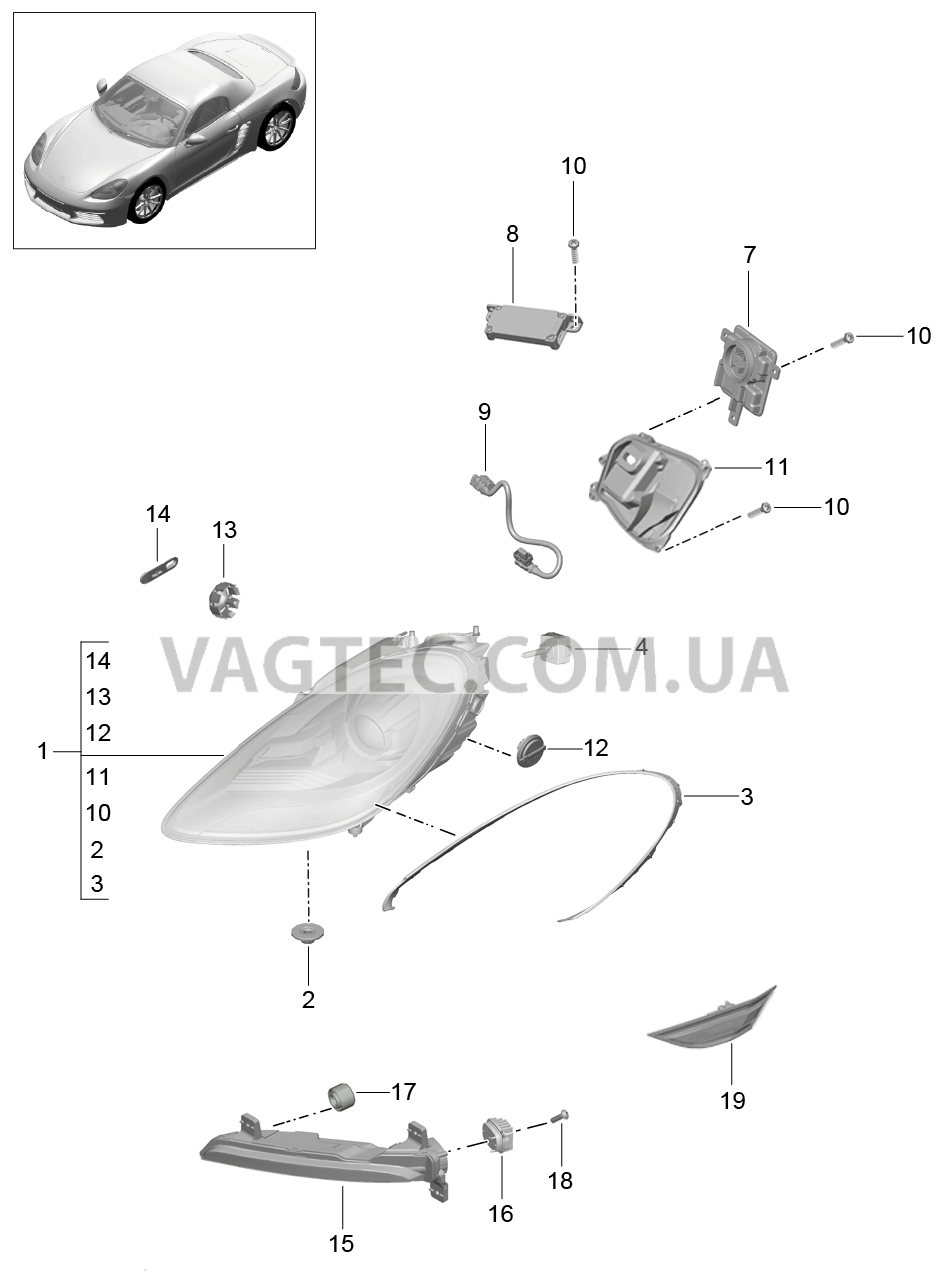 905-000 Фара, Дополнительная фара, Сигнал поворота, Боковой габаритный огонь, Указатель поворота
						
						I601 для PORSCHE Boxster 2017USA