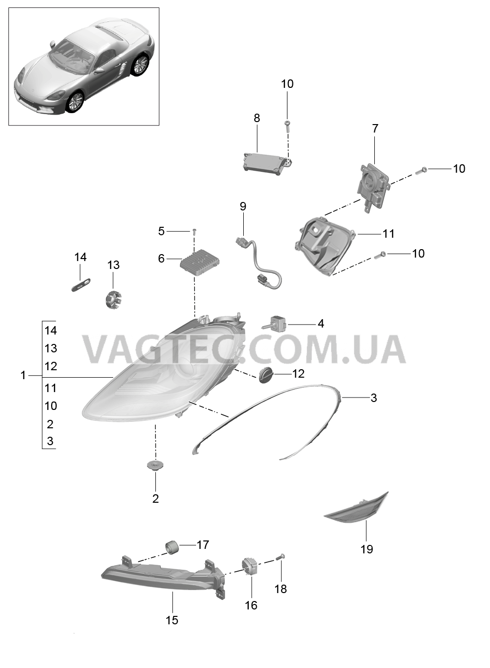 905-001 Фара, Дополнительная фара, Сигнал поворота, Боковой габаритный огонь, Указатель поворота
						
						I603 для PORSCHE Boxster 2017