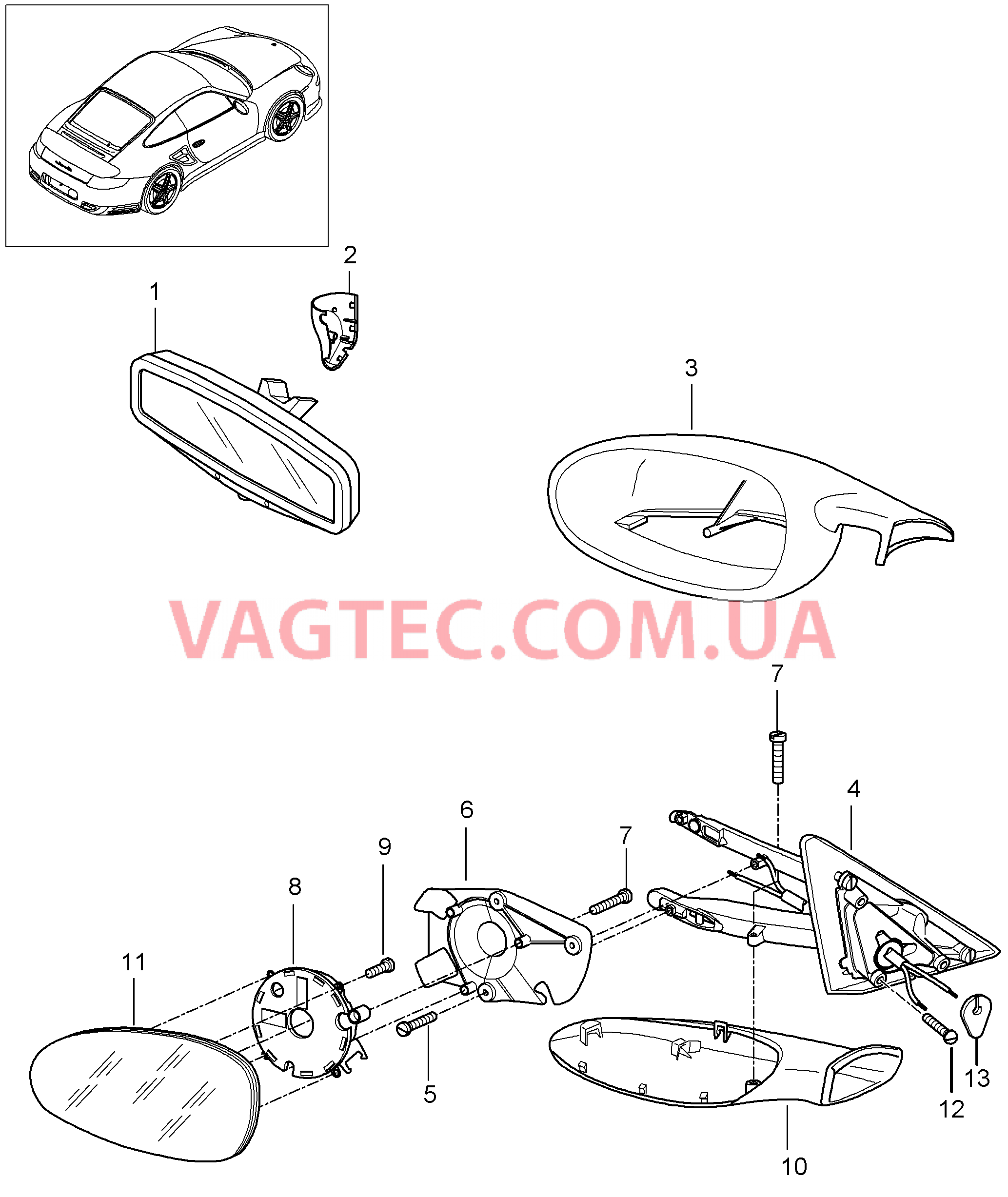 809-010 Салон.зеркало задн.вида, Наружн.зеркало задн.вида для PORSCHE Porsche911TurboGT2 2007-2009