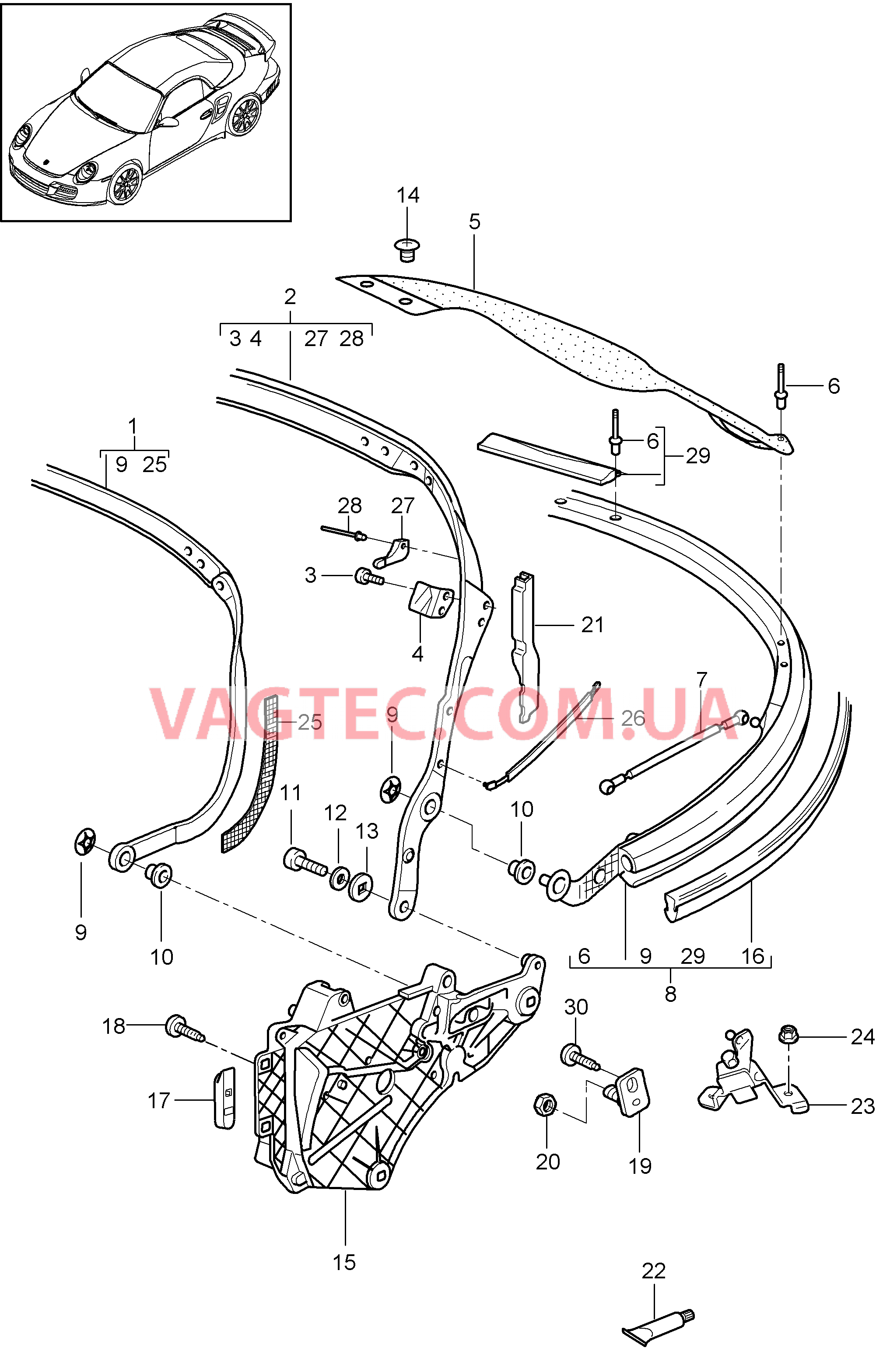 811-006 Каркас складного верха, Отдельные детали для PORSCHE Porsche911TurboGT2 2007-2009USA