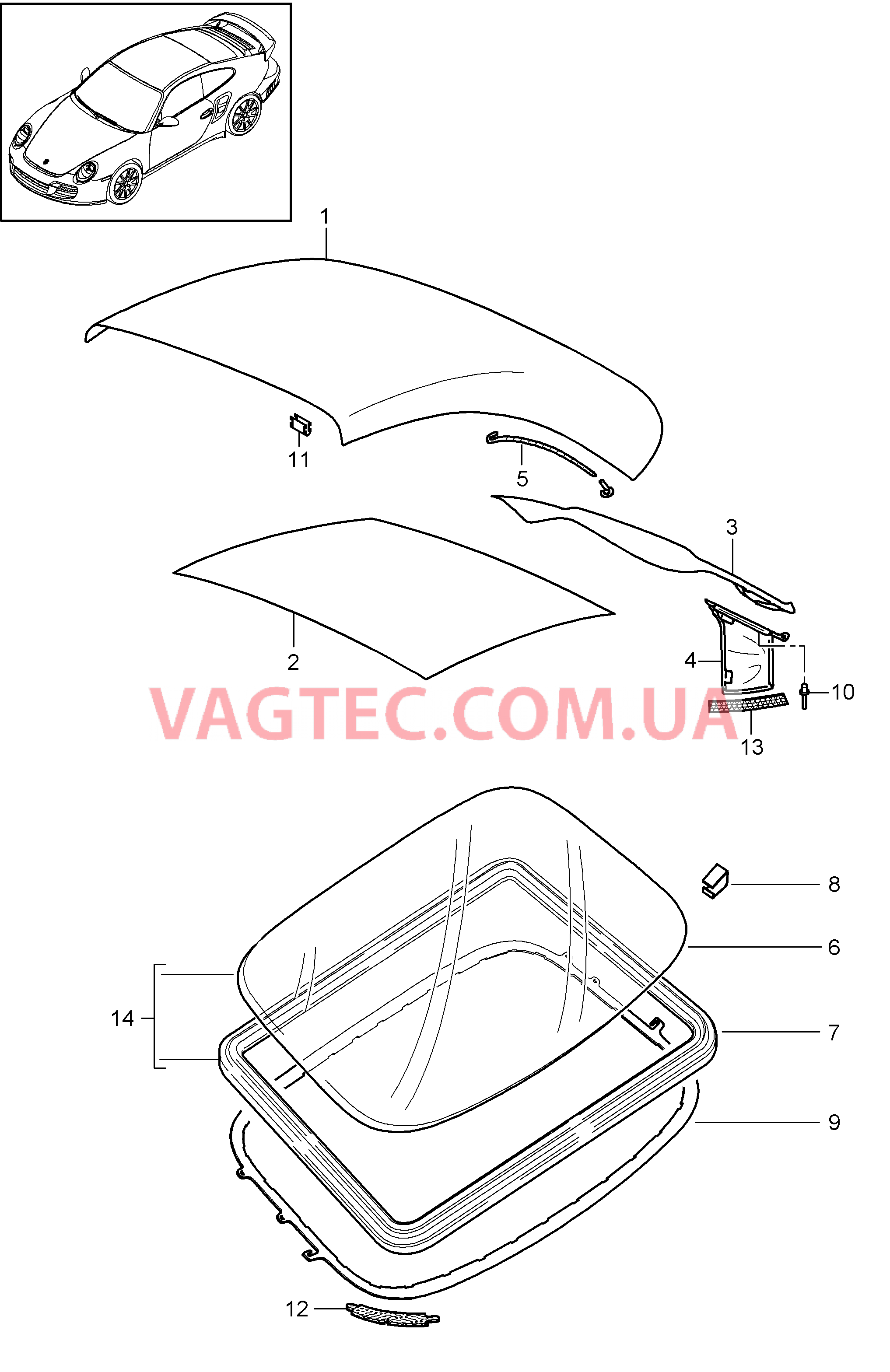 811-010 Обивка складного верха, Обшивка потолка для PORSCHE Porsche911TurboGT2 2007-2009