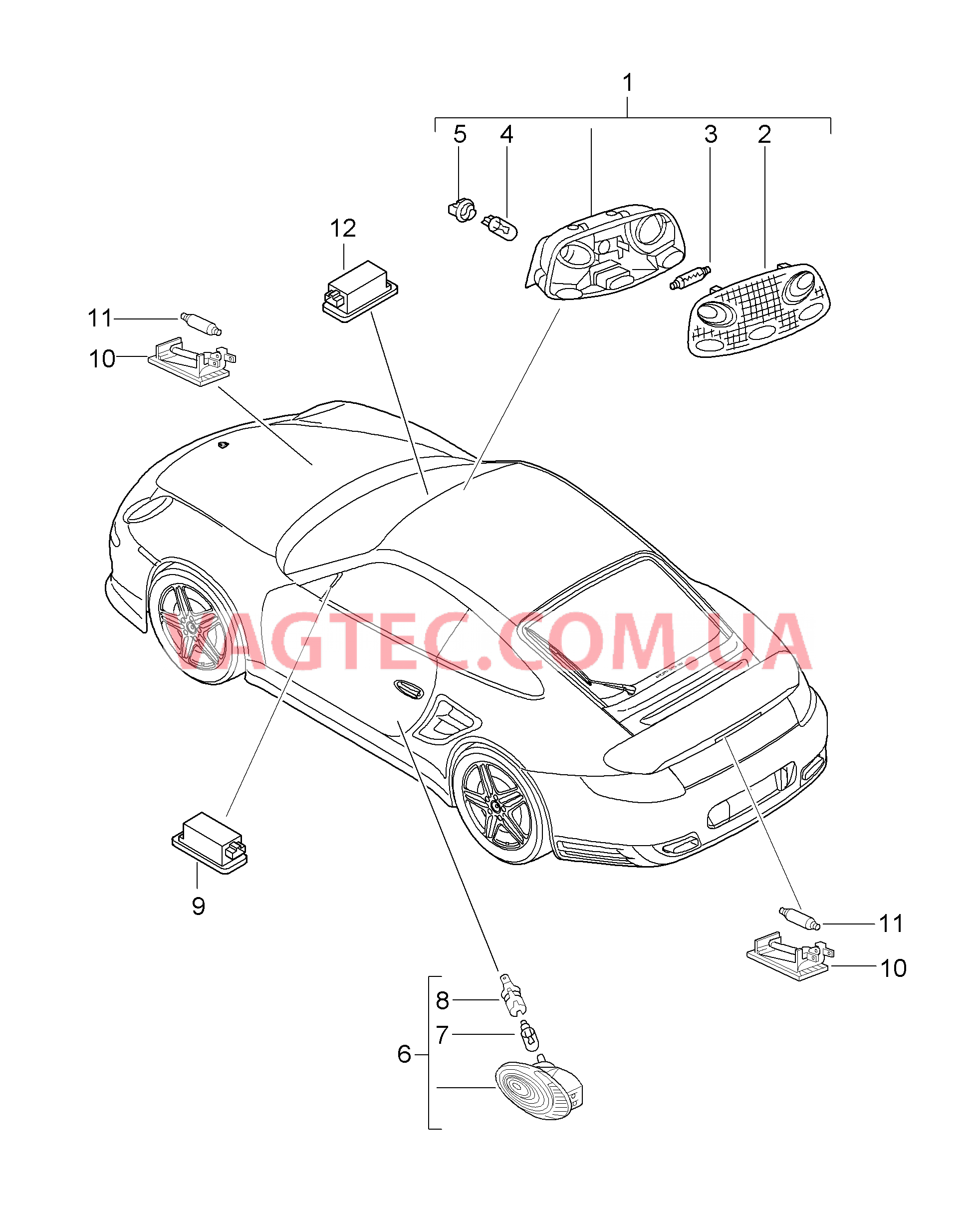 903-004 Освещение салона, Плафон освещения багажного отделения, Подсветка моторн. отсека, Подсветка перчат.ящика, Подсветка простр.для ног для PORSCHE Porsche911TurboGT2 2007-2009