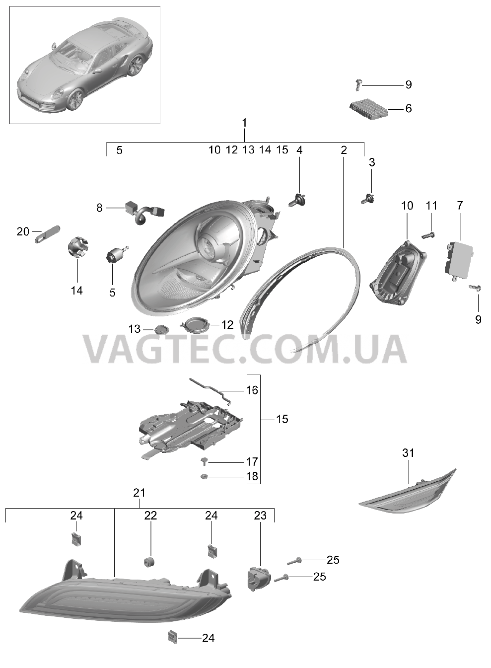 905-001 Фара, Дополнительная фара, Сигнал поворота, Боковой габаритный огонь
						
						I603 для PORSCHE Porsche991Turbo 2014-2017USA