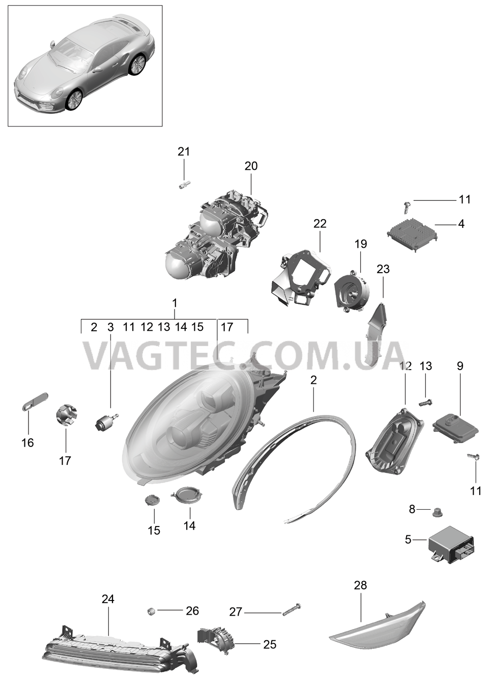 905-004 Фара, Дополнительная фара, Сигнал поворота, Боковой габаритный огонь, Указатель поворота для PORSCHE Porsche991Turbo 2014-2017