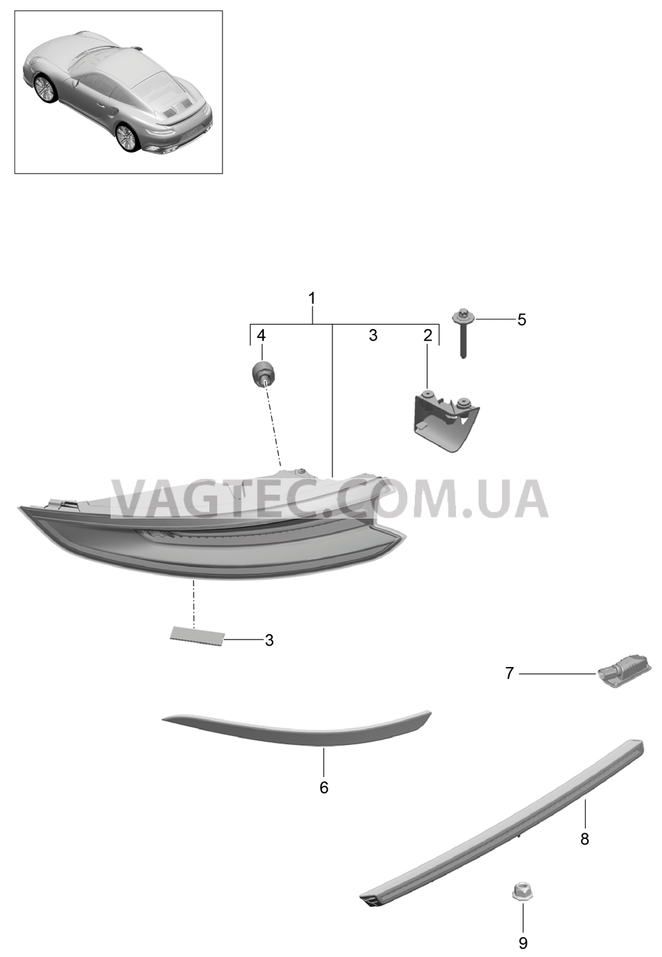 905-006 Задний фонарь, Лампа освещения номерного знака, Доп.сигнал торможения для PORSCHE Porsche991Turbo 2014-2017