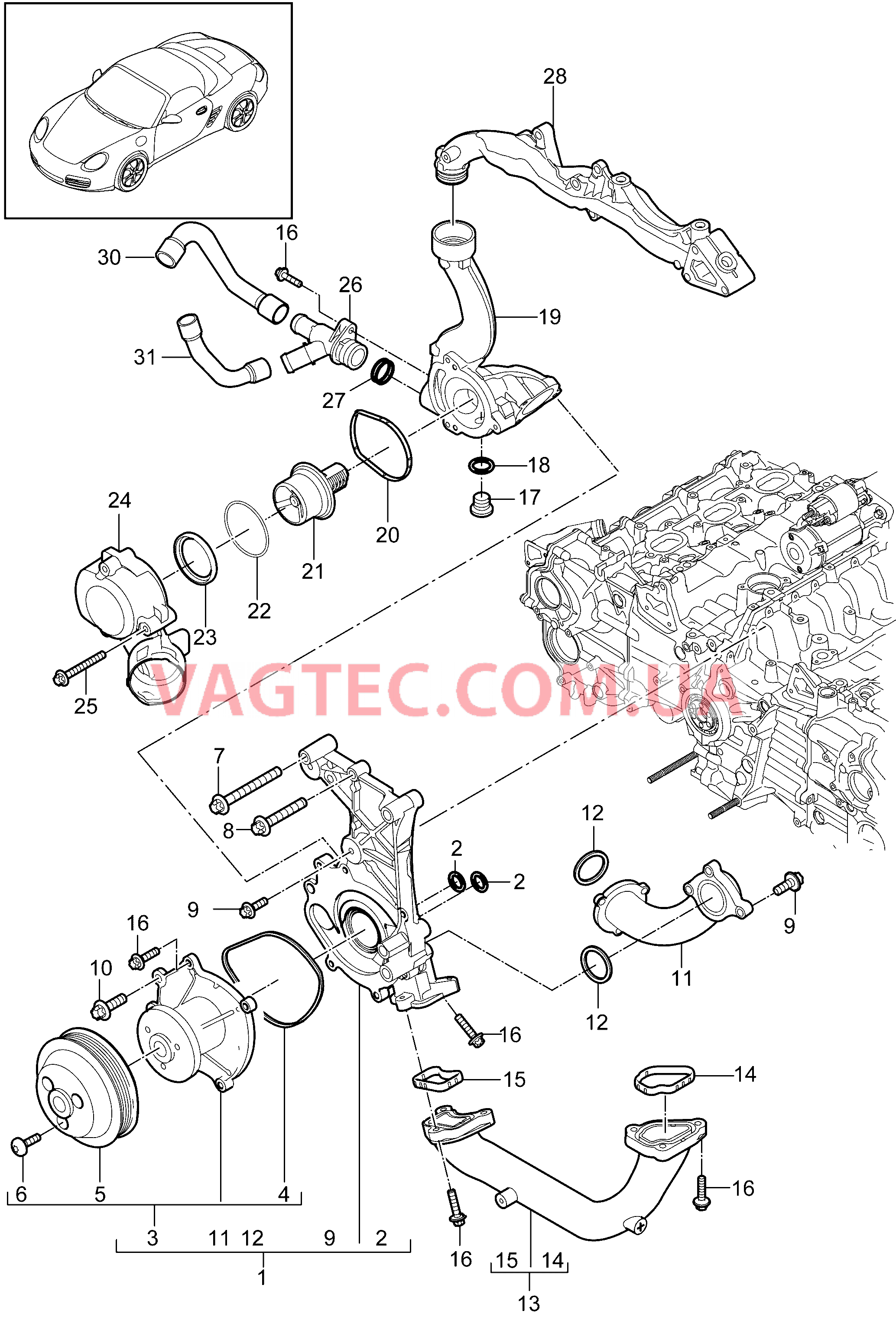 105-000 Водяной насос, Корпус термостата
						
						MA1.20, MA1.21 для PORSCHE Boxster 2009-2012