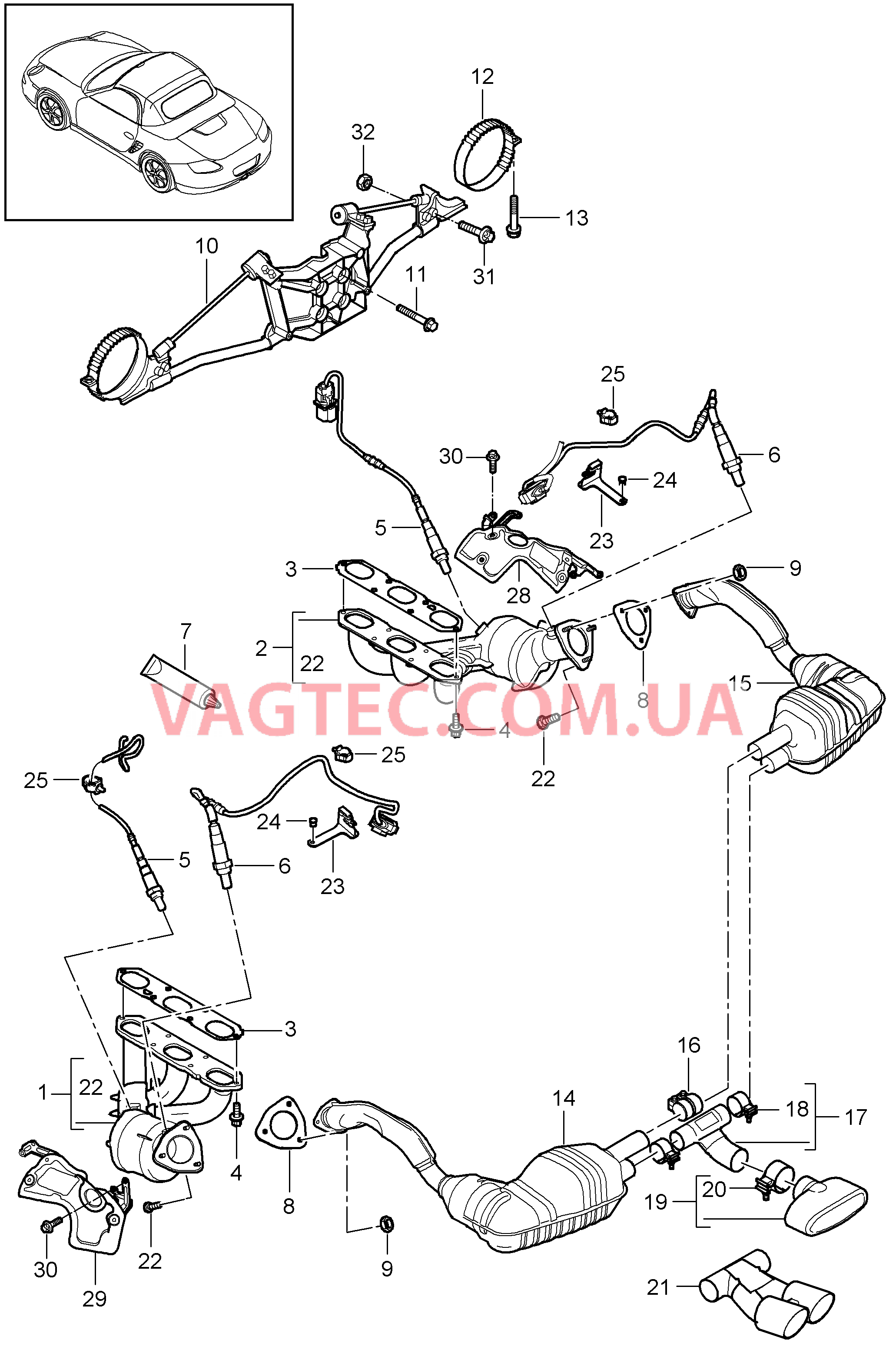 202-000 Выпускная система для PORSCHE Boxster 2009-2012-USA