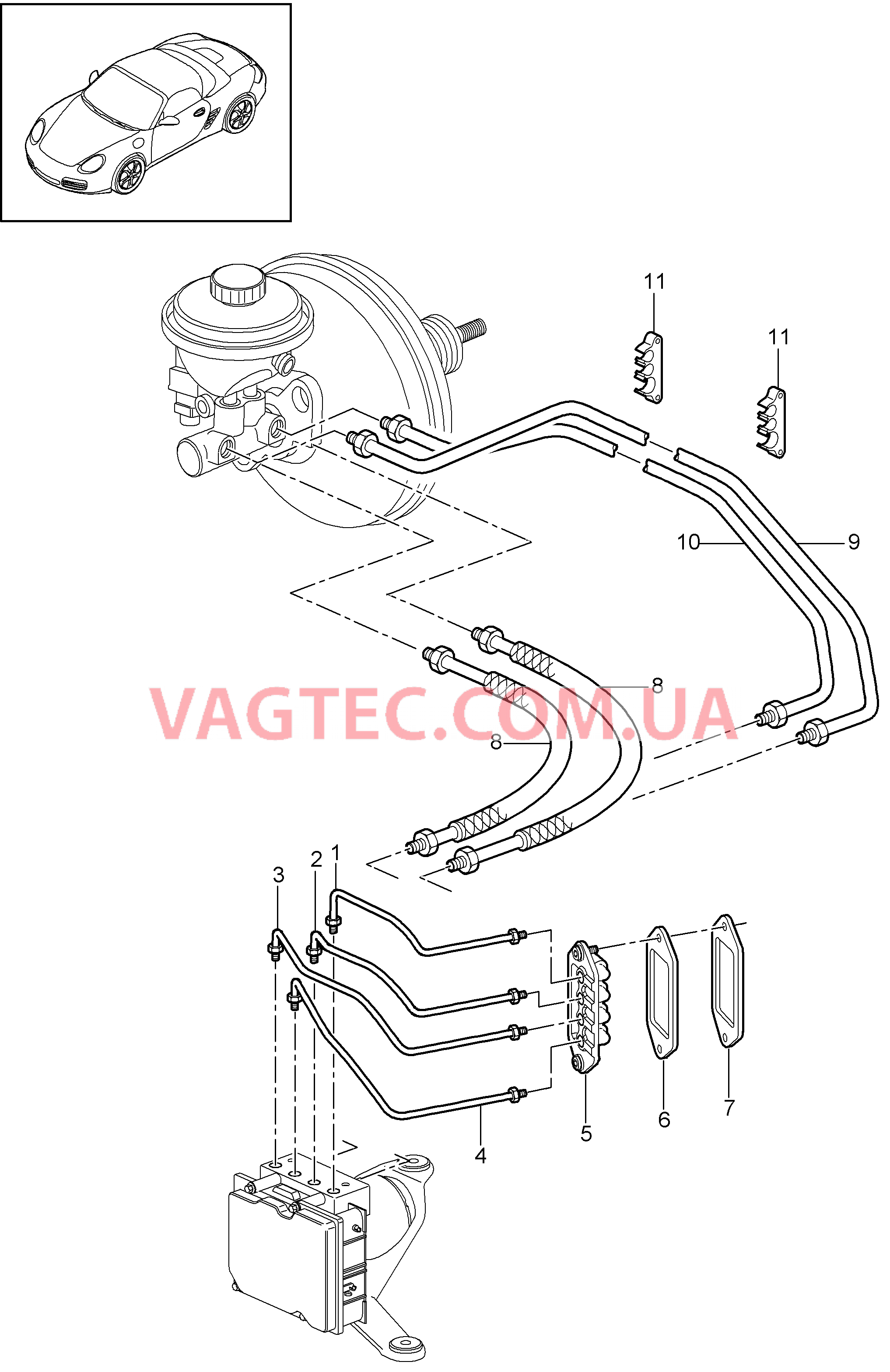 604-005 Тормозные магистрали, Передняя часть кузова для PORSCHE Boxster 2009-2012-USA