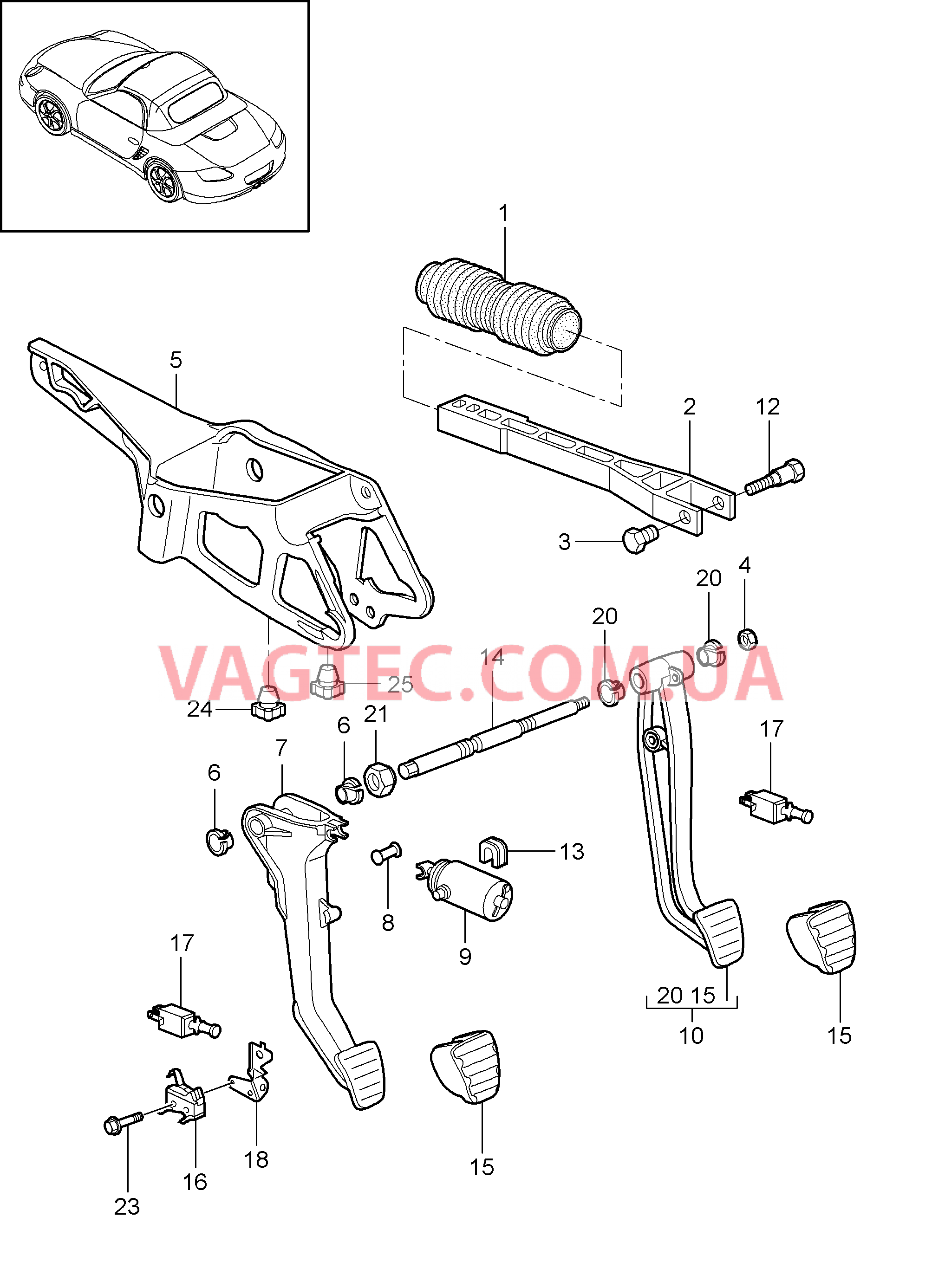 702-000 Педальный механизм для PORSCHE Boxster 2009-2012-USA