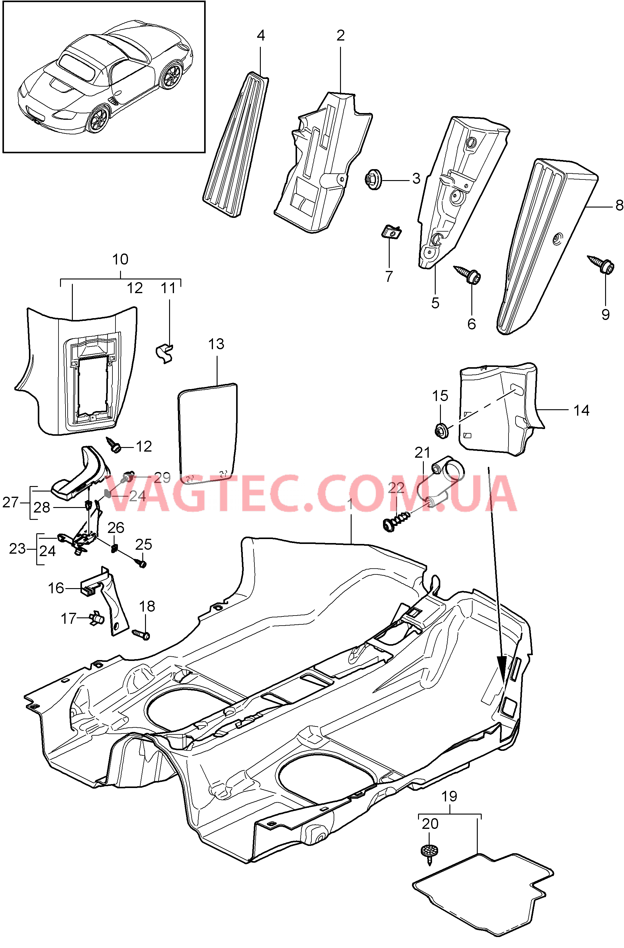 807-002 Оснащение салона, Накладка на днище, Обивки для PORSCHE Boxster 2009-2012-USA