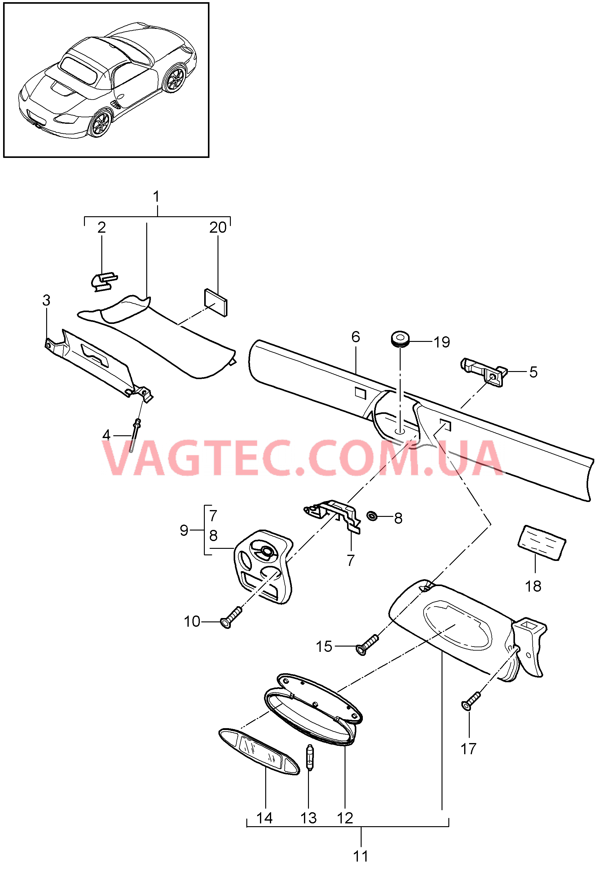 807-009 Рама ветрового стекла, Солнцезащитные козырьки для PORSCHE Boxster 2009-2012-USA