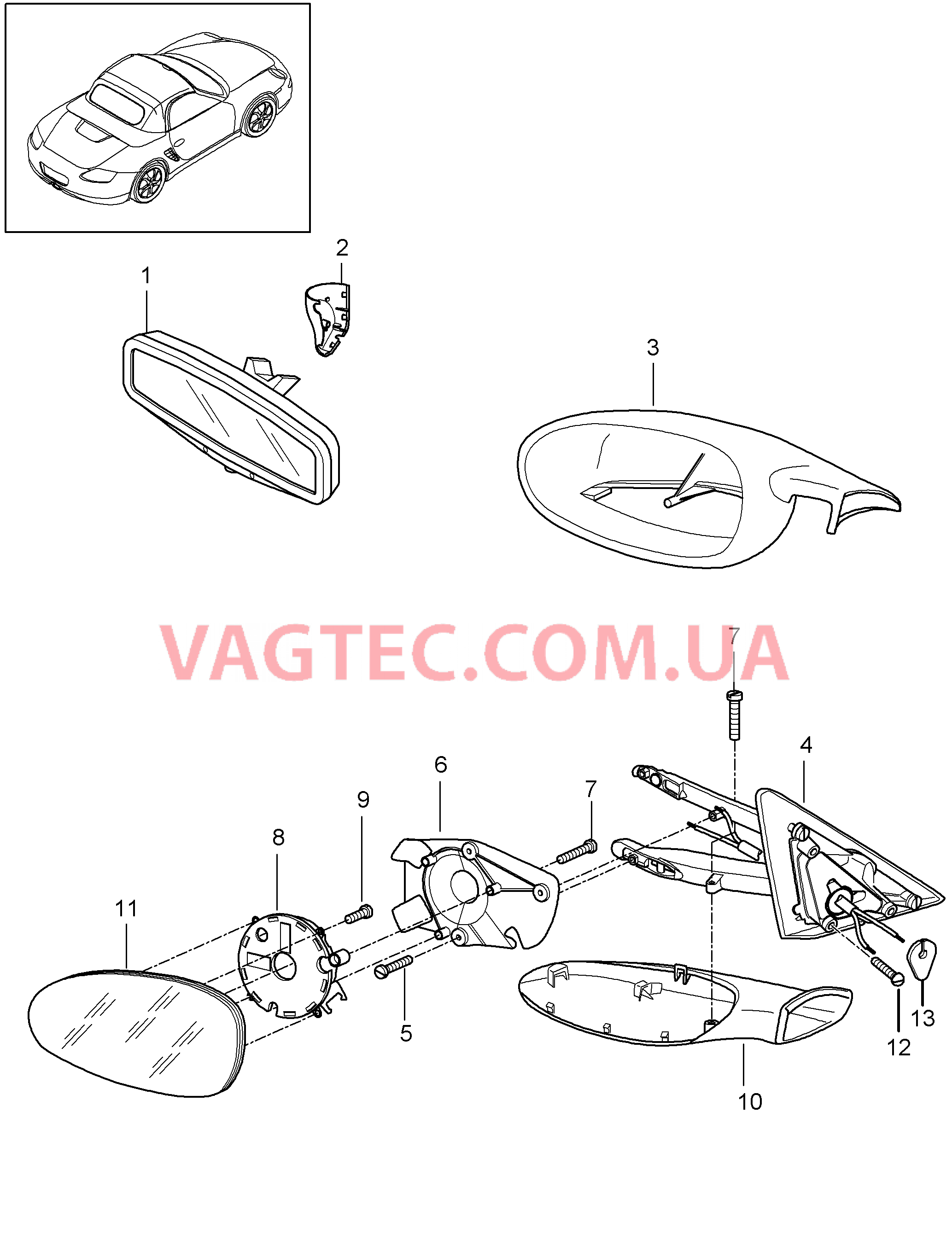 809-010 Салон.зеркало задн.вида, Наружн.зеркало задн.вида для PORSCHE Boxster 2009-2012-USA