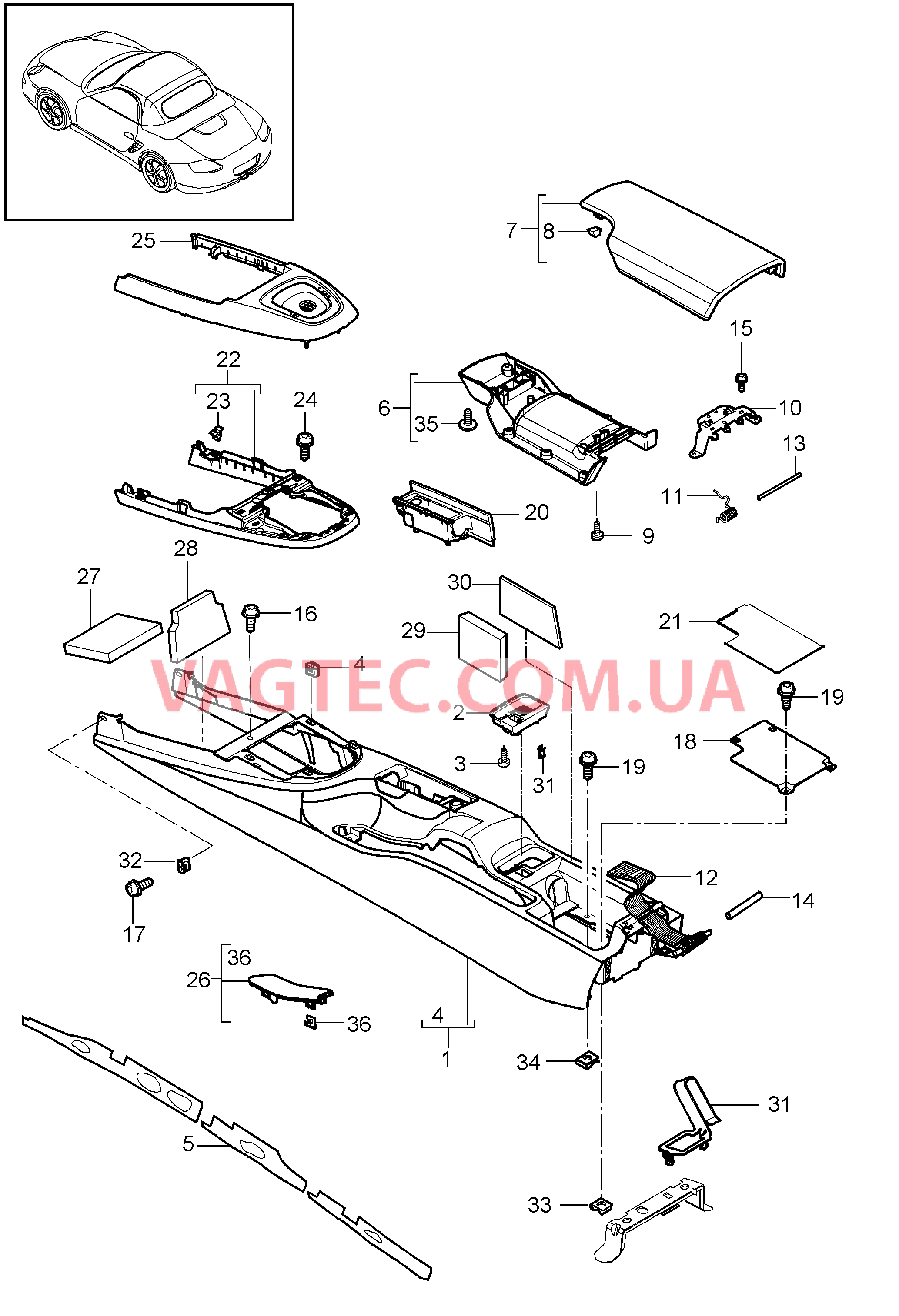 809-020 Центральная консоль, задний для PORSCHE Boxster 2009-2012-USA