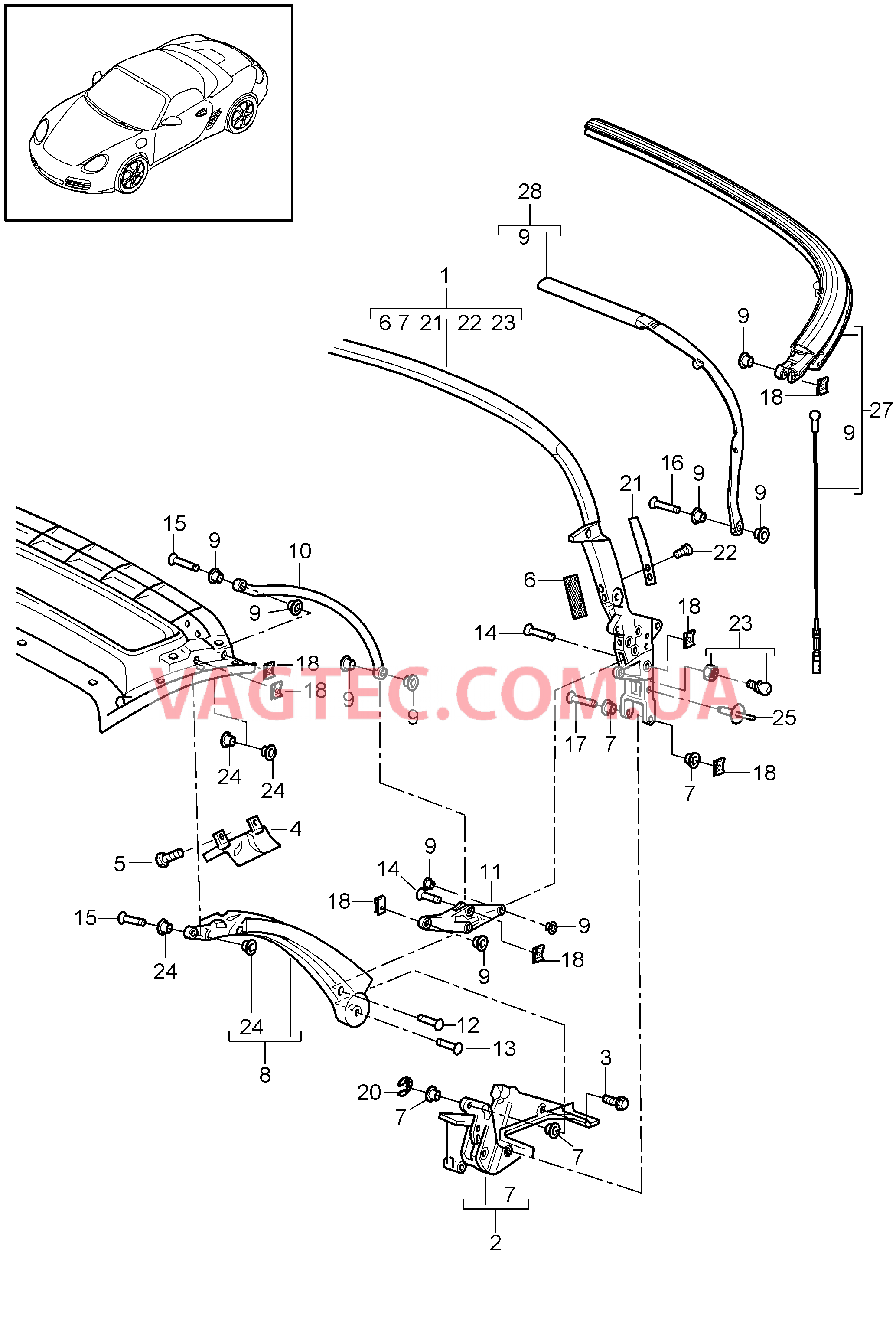 811-005 Каркас складного верха, Отдельные детали для PORSCHE Boxster 2009-2012