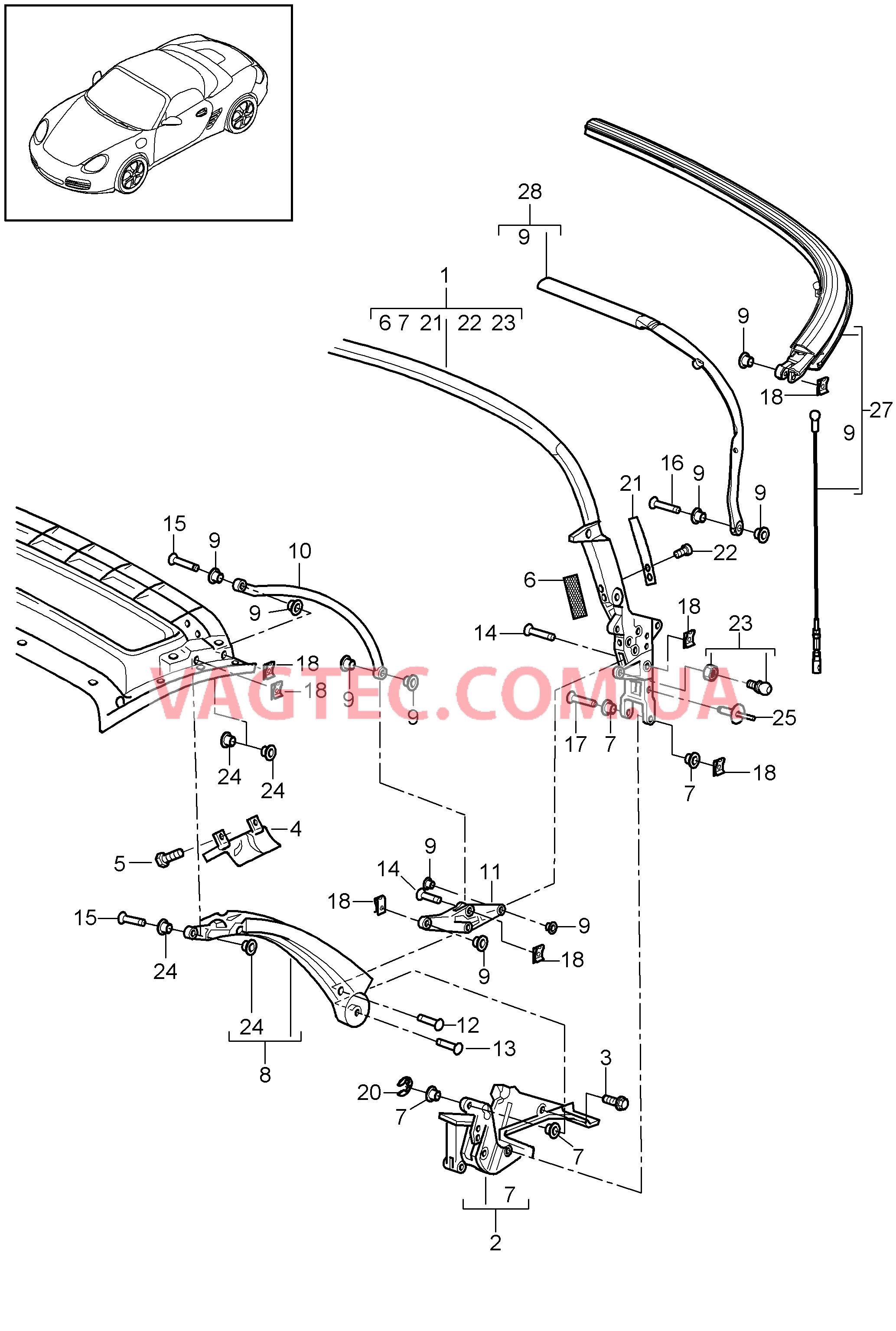 811-005 Каркас складного верха, Отдельные детали для PORSCHE Boxster 2009-2012-USA