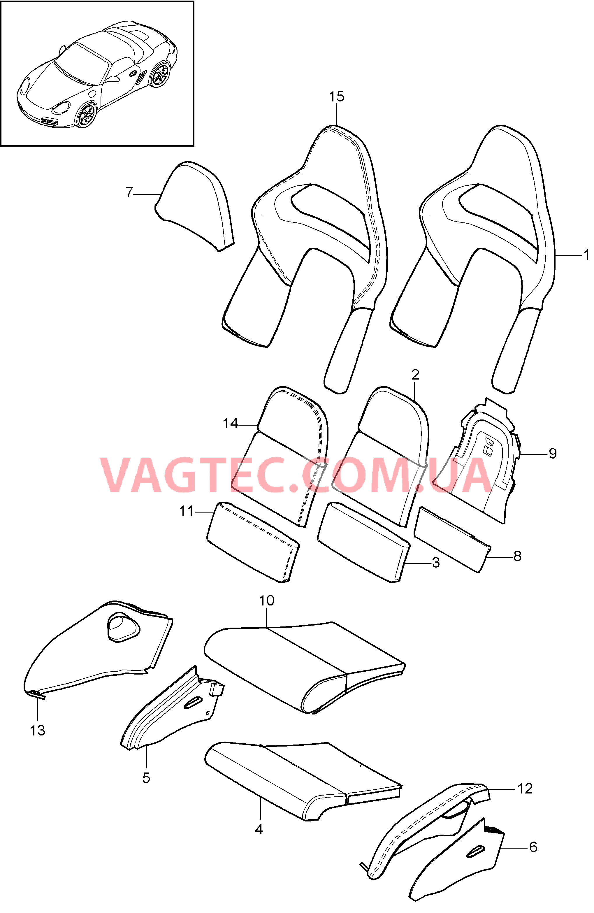 817-032 Пенопласт.комп., Покрытие, подушка и спинка, Ковшеобразное сиденье, складной для PORSCHE Boxster 2009-2012-USA