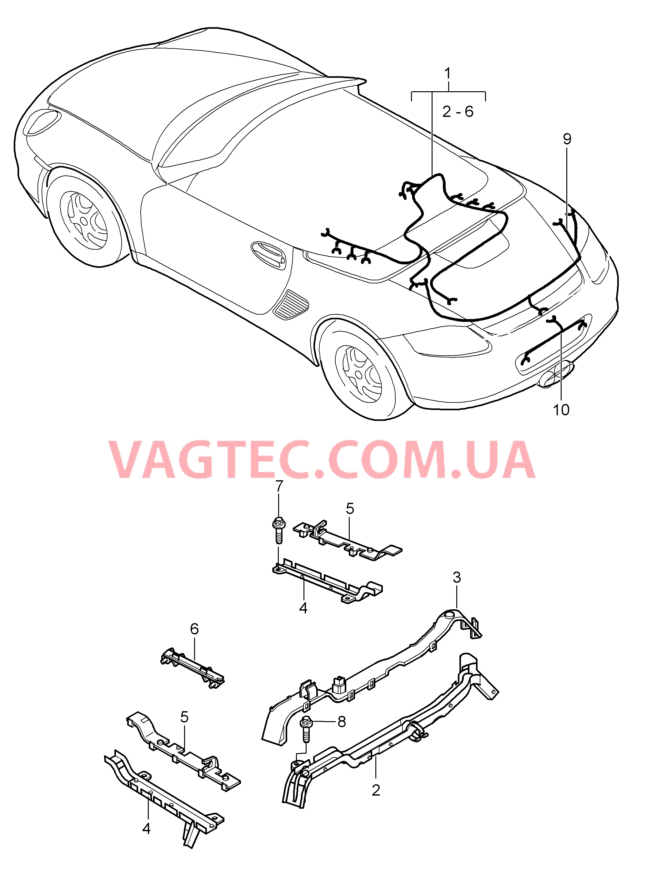 902-020 Жгуты проводов, Двигатель, Задняя часть кузова, Доп.сигнал торможения, Лампа освещения номерного знака, Помощь при парковке, Ремонтные комплекты, для, Амортизатор, ABS, Индик.износа торм.колодок, Задняя ось для PORSCHE Boxster 2009-2012-USA