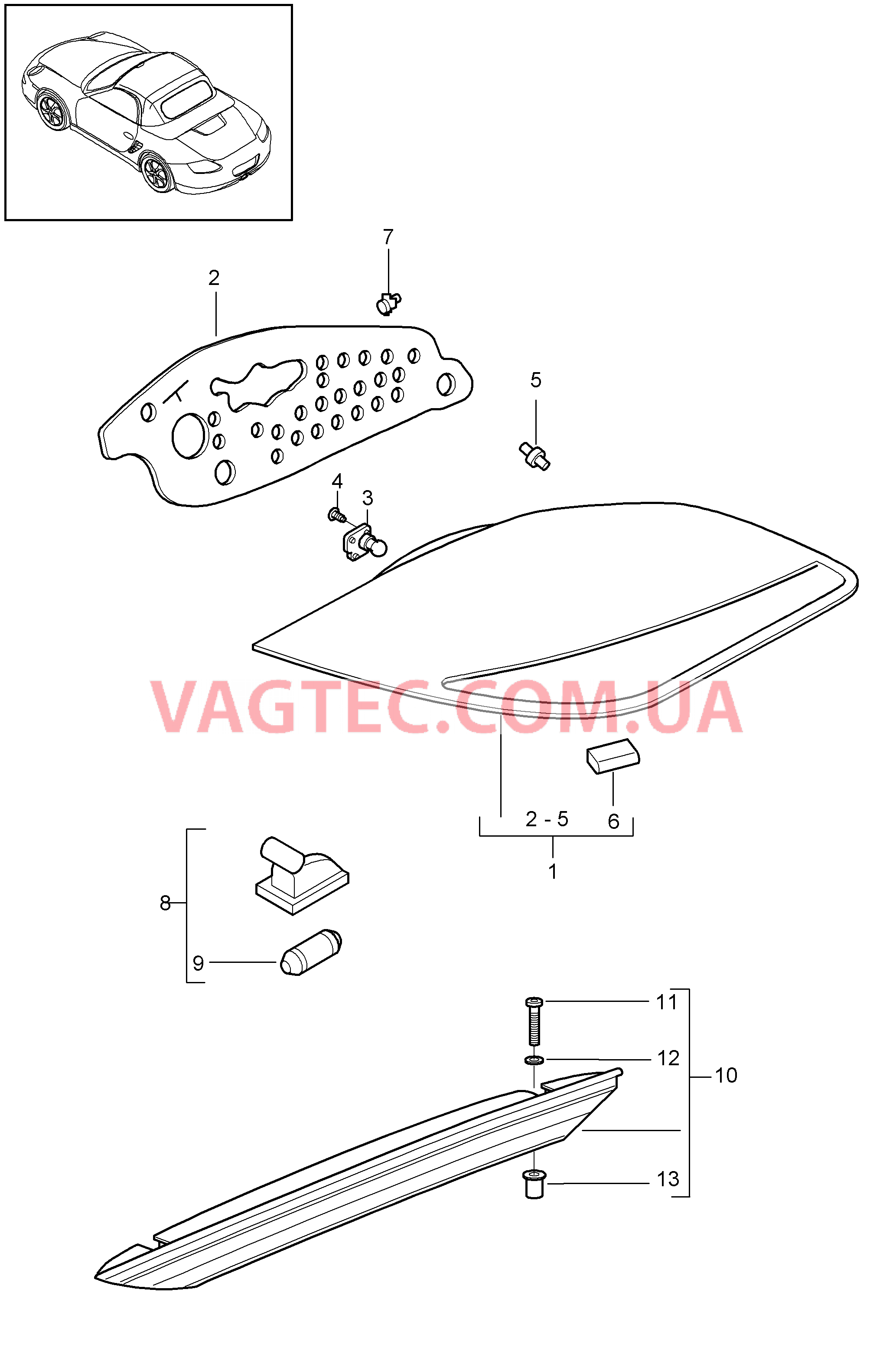 905-005 Задний фонарь, Лампа освещения номерного знака, Доп.сигнал торможения для PORSCHE Boxster 2009-2012-USA