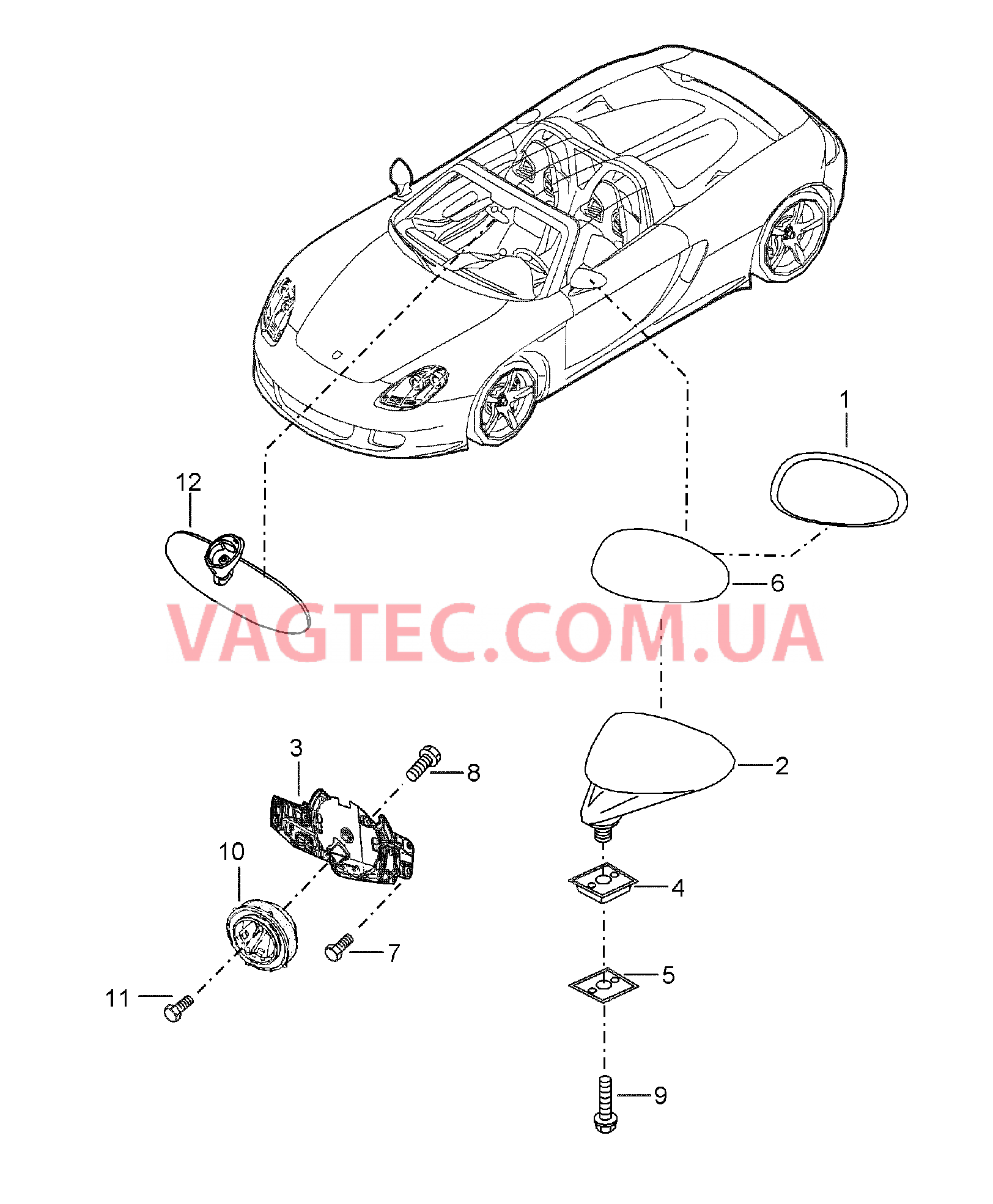 809-010 Наружн.зеркало задн.вида, Салон.зеркало задн.вида для PORSCHE CarreraGT 2004-2006-USA