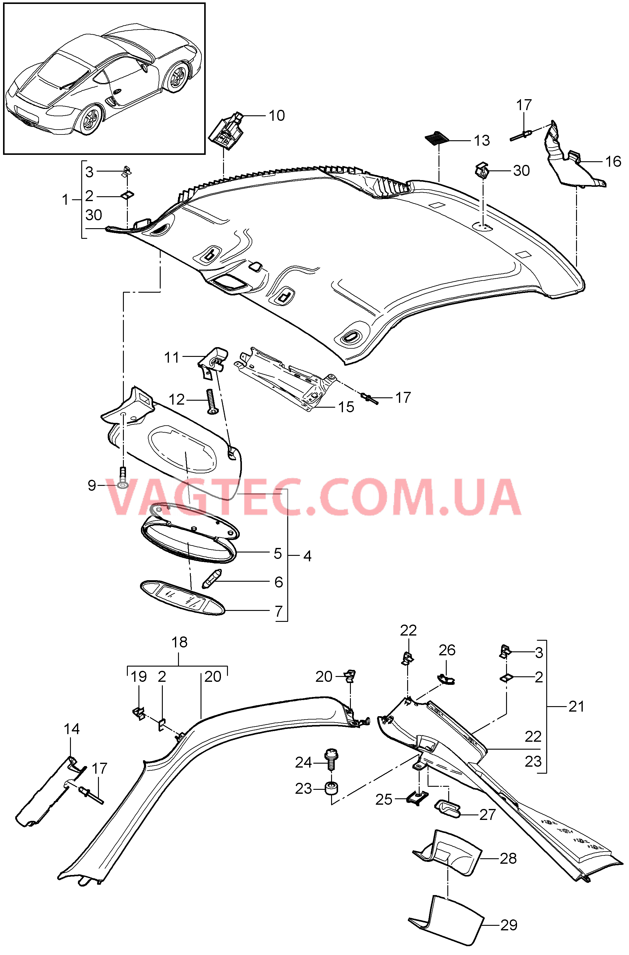 807-008 Обшивка потолка, Солнцезащитные козырьки, Стойка А, Стойка С для PORSCHE Cayman 2006-2008USA