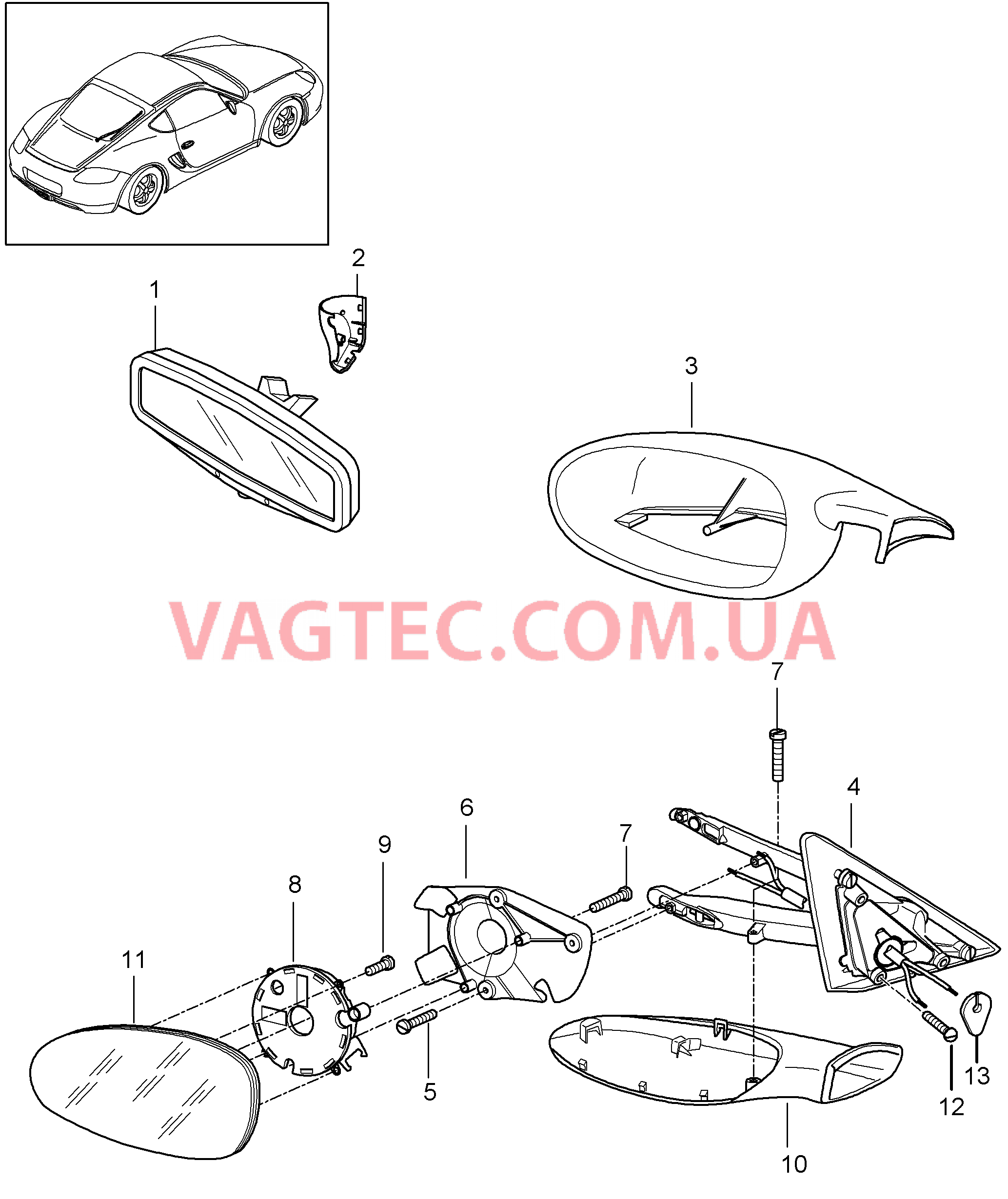 809-010 Салон.зеркало задн.вида, Наружн.зеркало задн.вида для PORSCHE Cayman 2006-2008