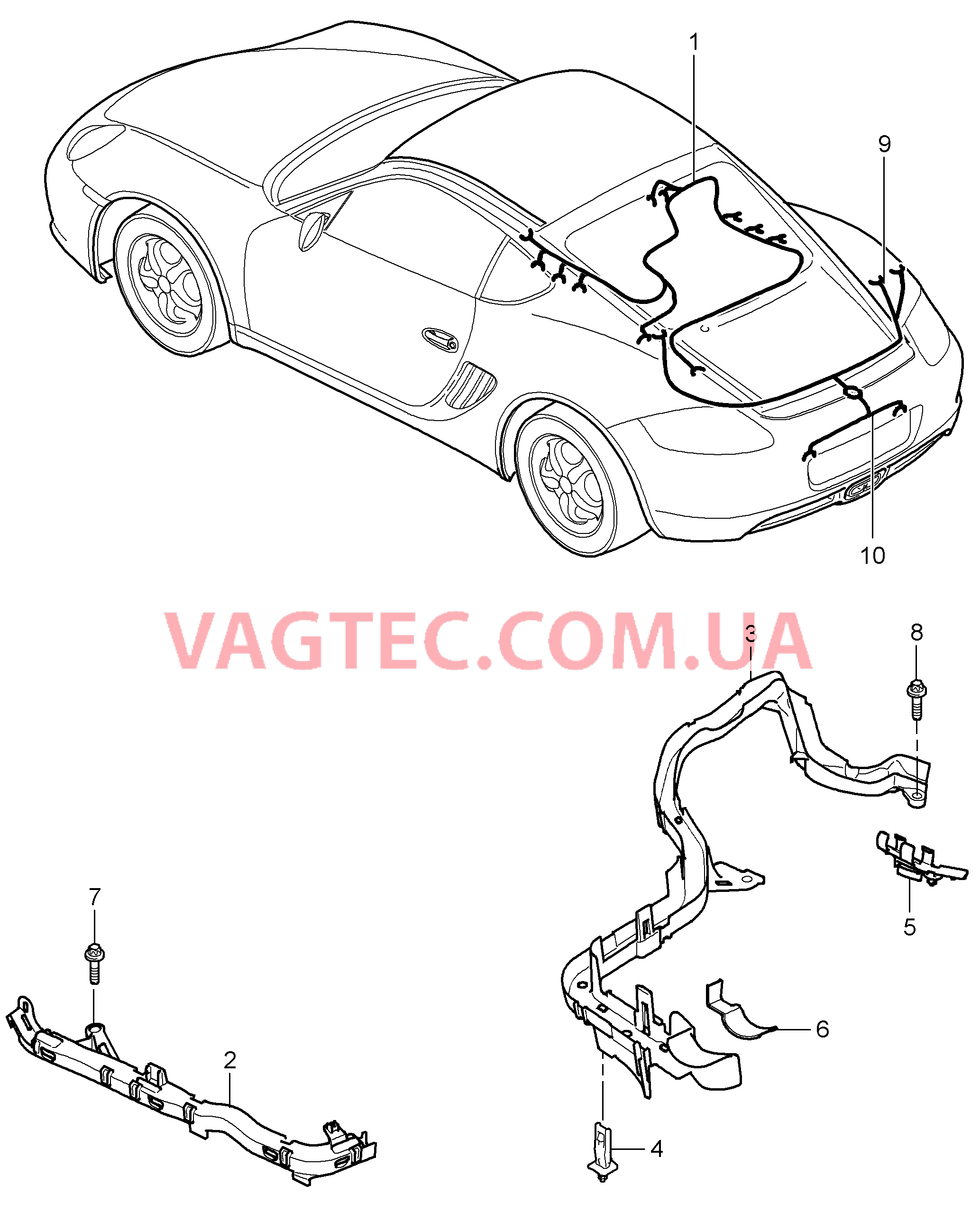 902-020 Жгуты проводов, Двигатель, Задняя часть кузова, Лампа освещения номерного знака, Помощь при парковке, Ремонтные комплекты, для, Амортизатор, ABS, Индик.износа торм.колодок, Задняя ось для PORSCHE Cayman 2006-2008USA